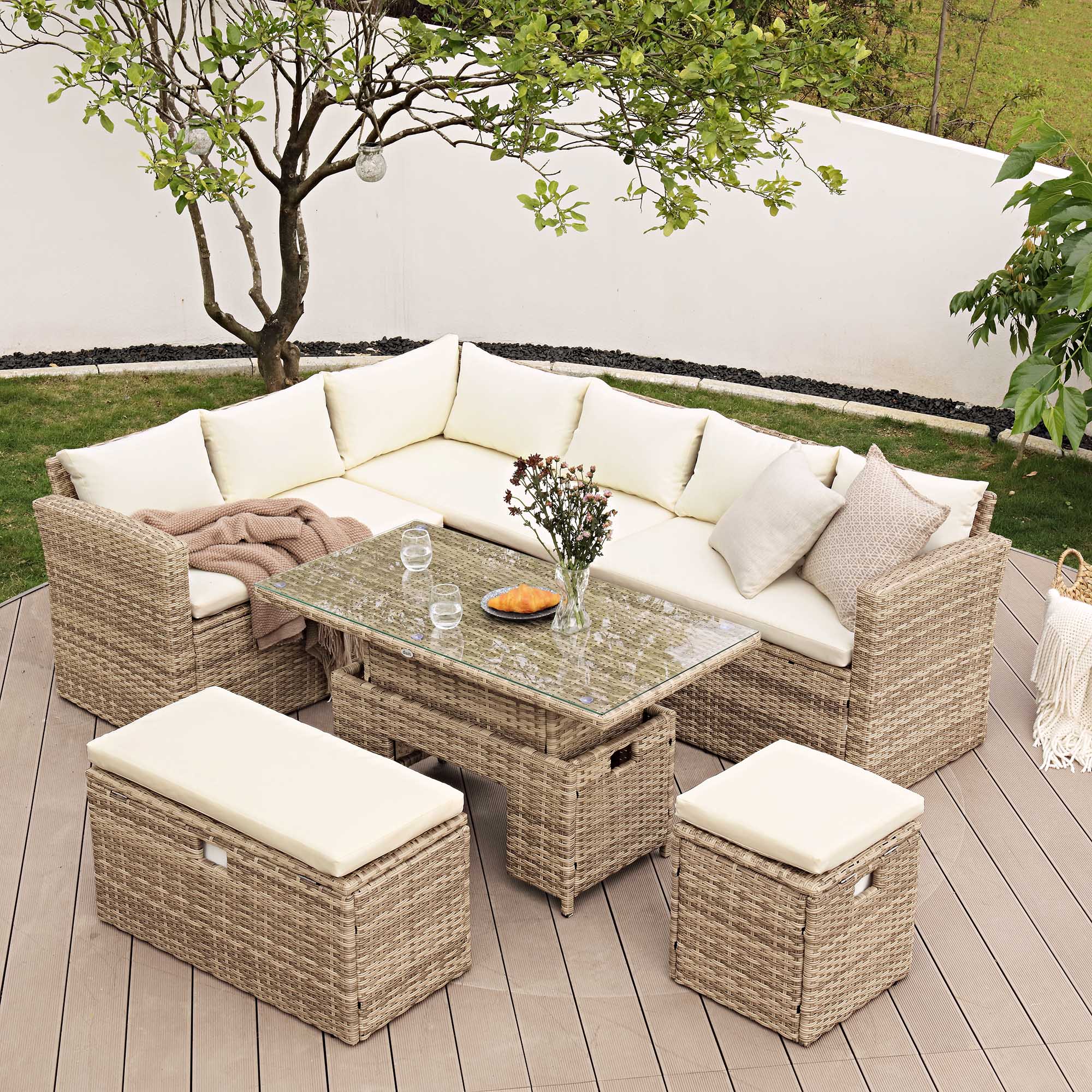 Granchester Rattan Rectangular Corner Dining Sofa Set with Rising Table, Natural - Image 2