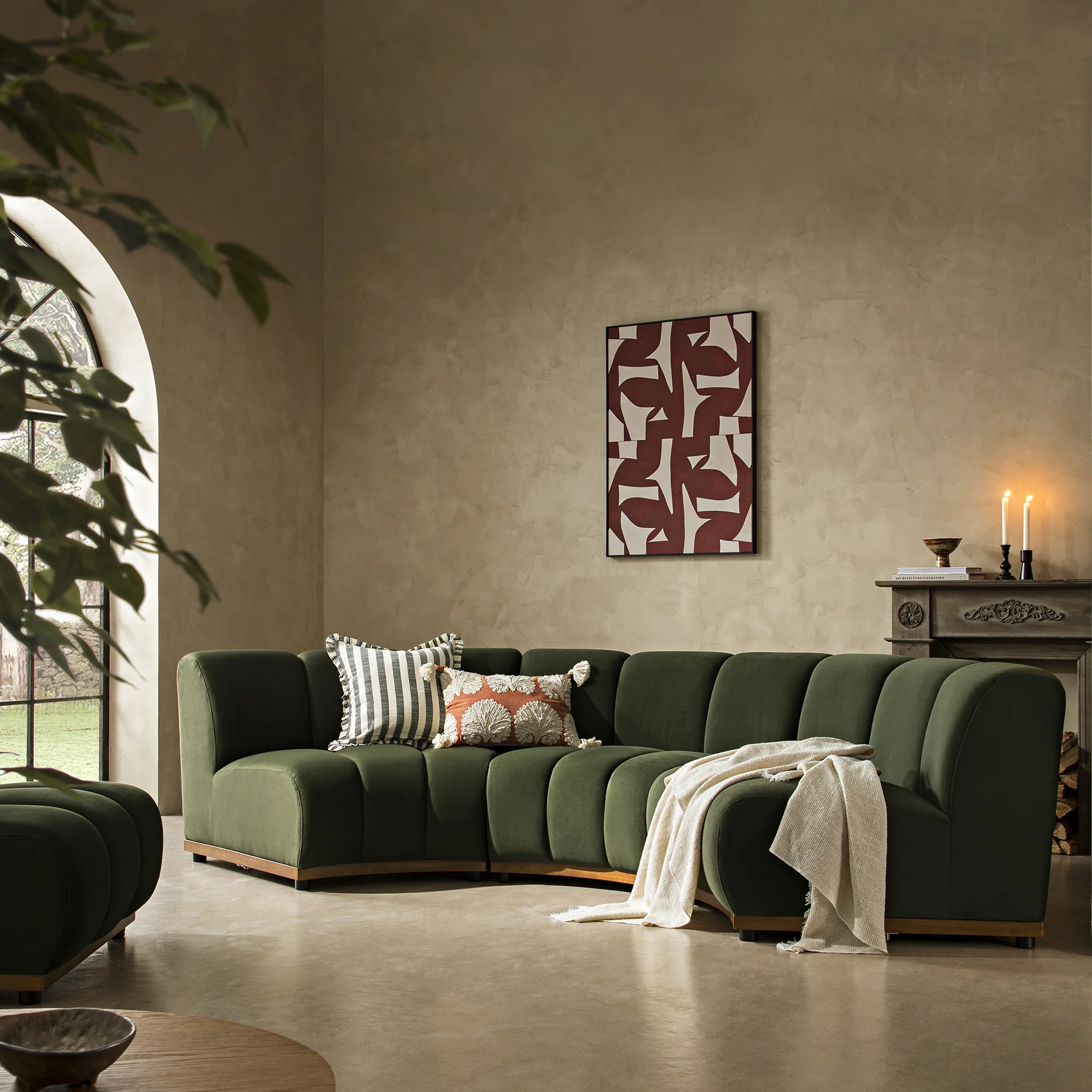 Granvia Moss Green Velvet Modular Sofa, 3-Seater Curved Sofa - Image 2