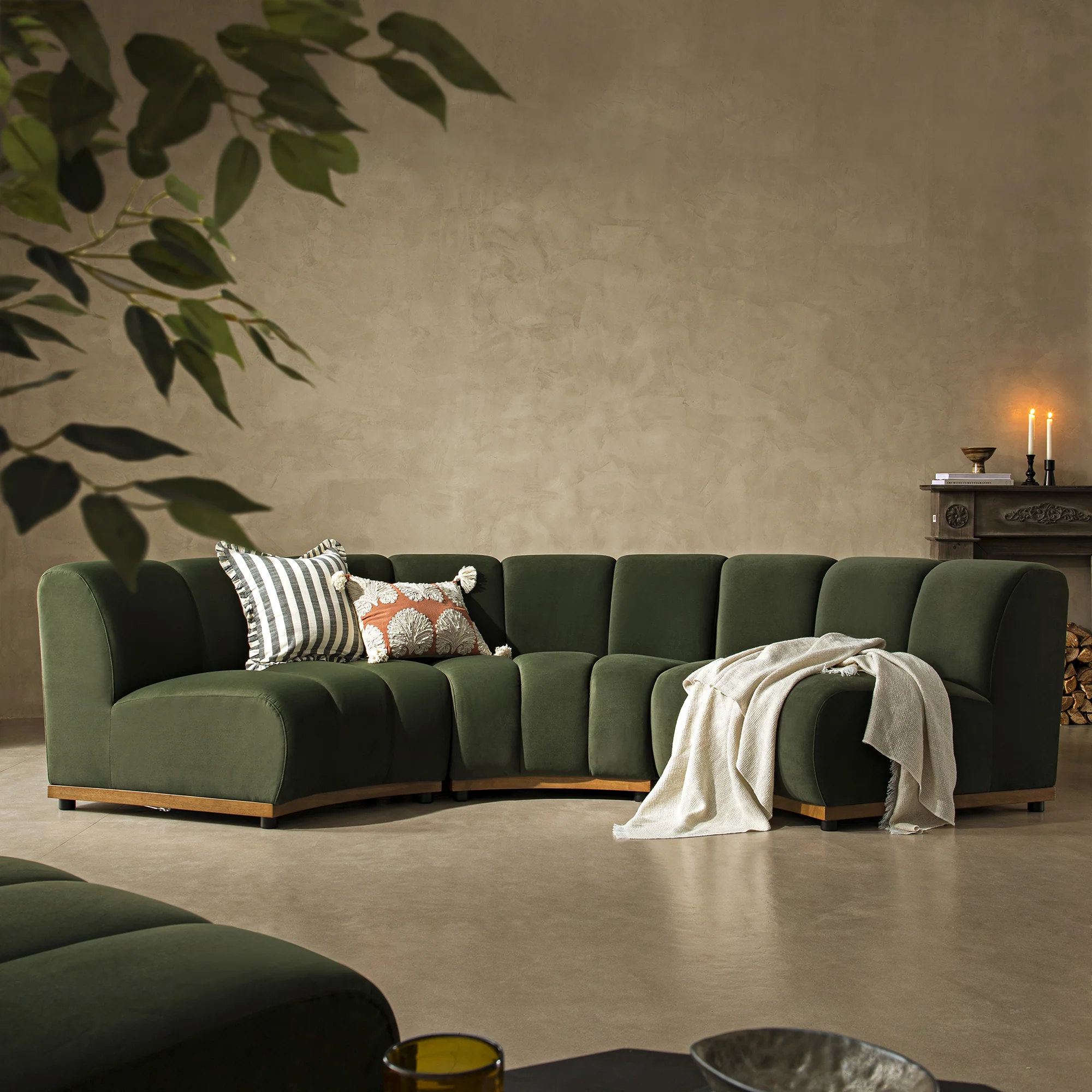 Granvia Moss Green Velvet Modular Sofa, 3-Seater Curved Sofa - Image 3