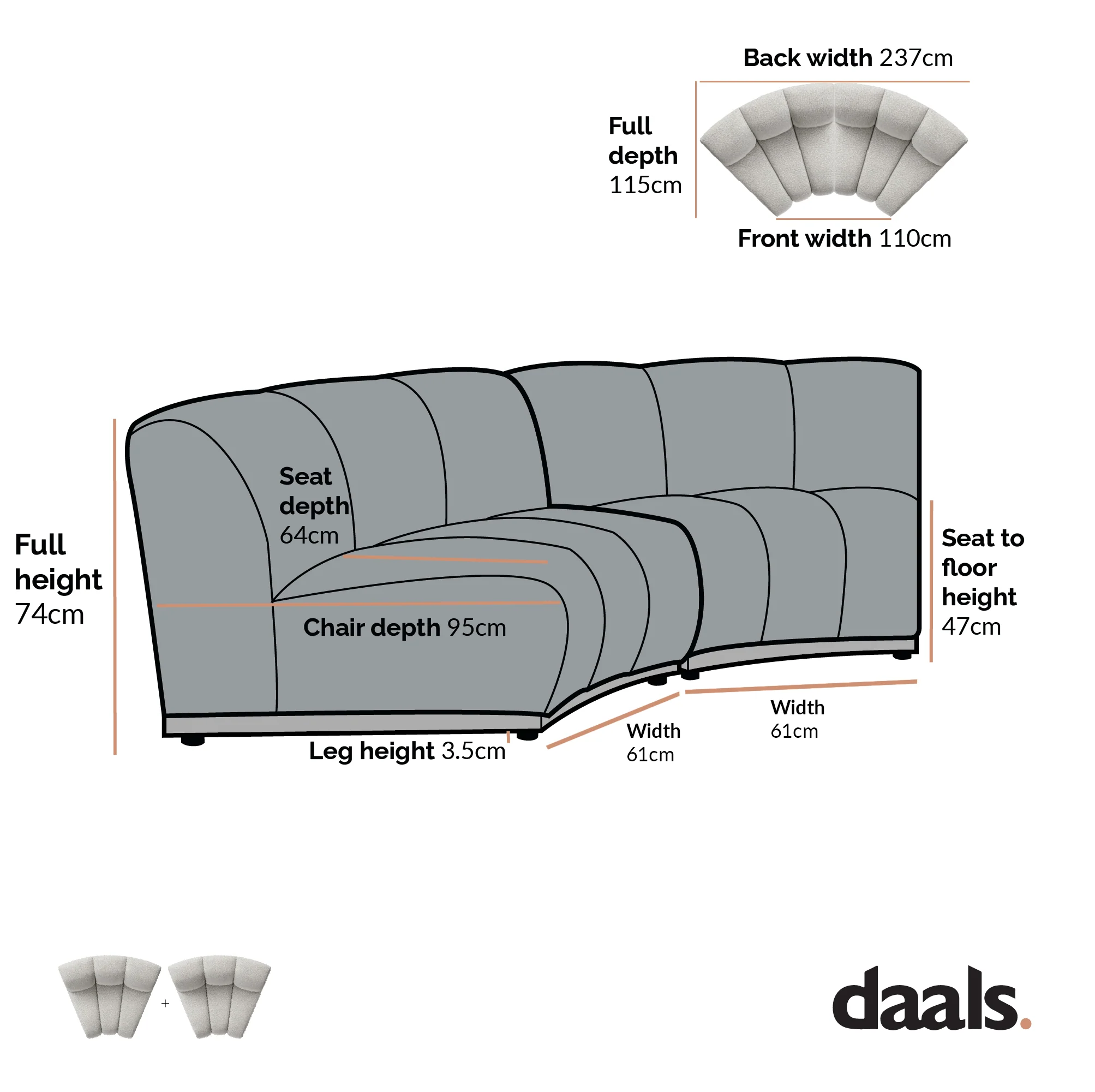 Granvia Ecru Boucle Modular Sofa, 2-Seater Curved Sofa - Image 6