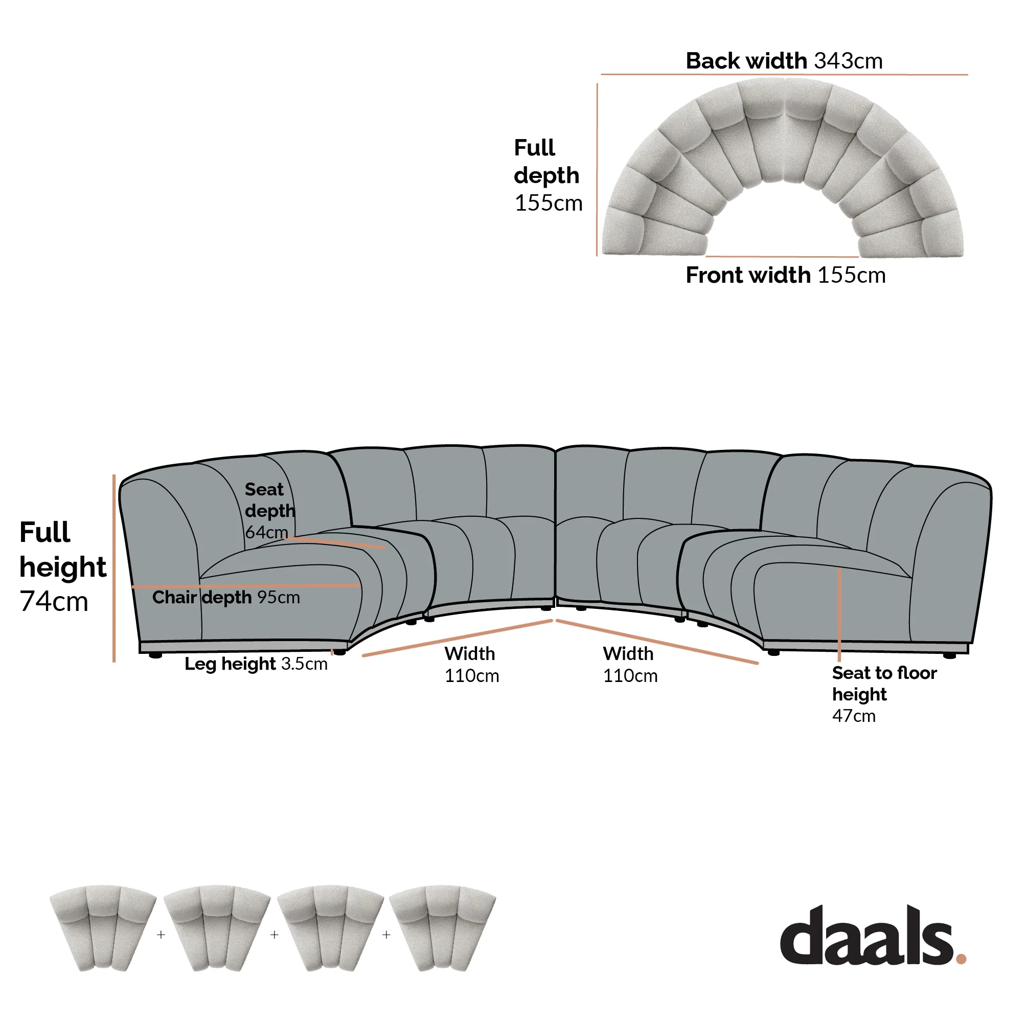 Granvia Taupe Boucle Modular Sofa, 4-Seater Half Circle Sofa - Image 5