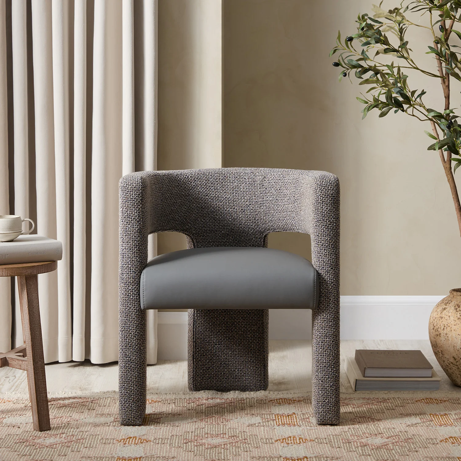 Greenwich Grey & Blue Textured Fabric and Grey Faux Leather Seat Dining Chair - Image 2