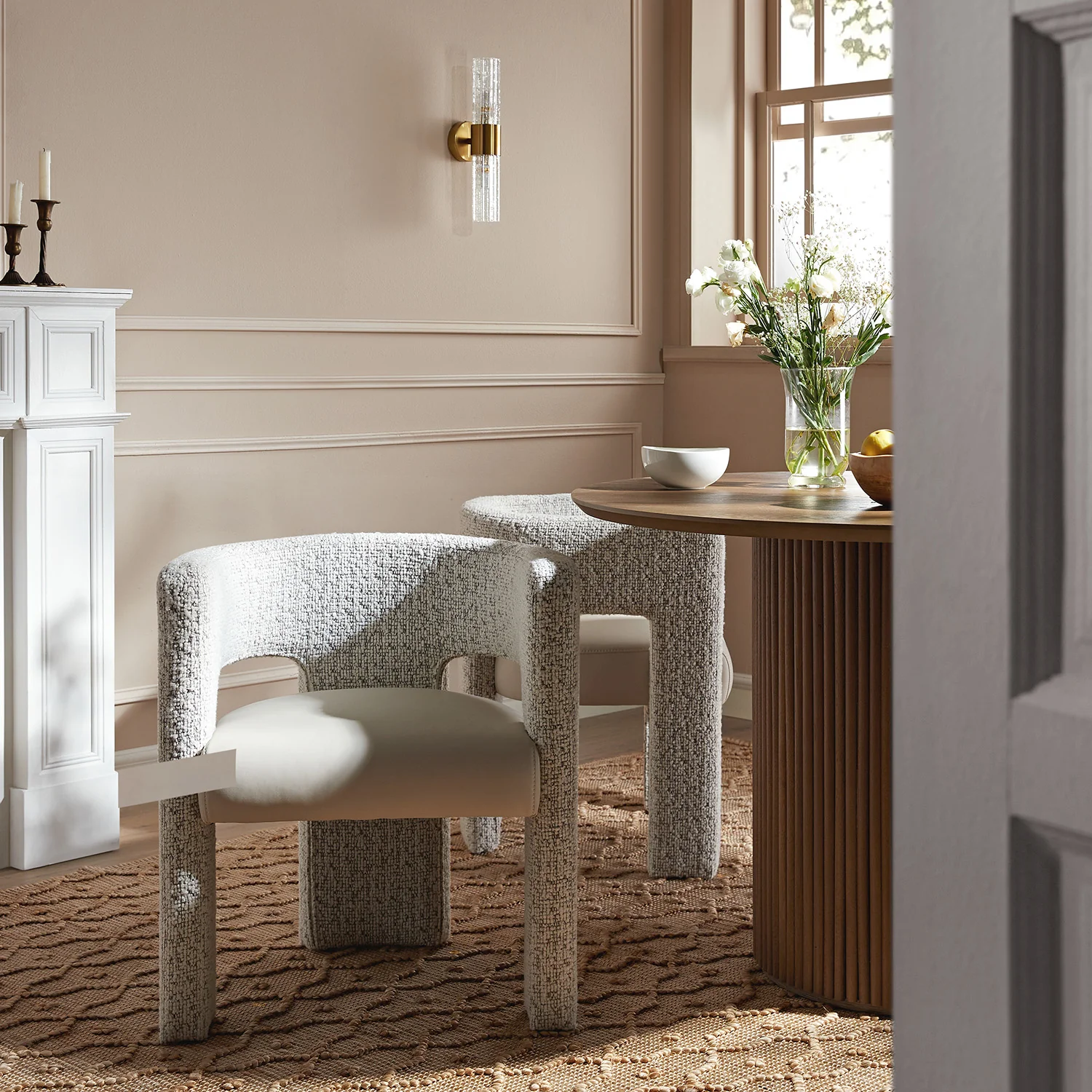 Greenwich Taupe Boucle and Beige Faux Leather Seat Dining Chair - Image 2