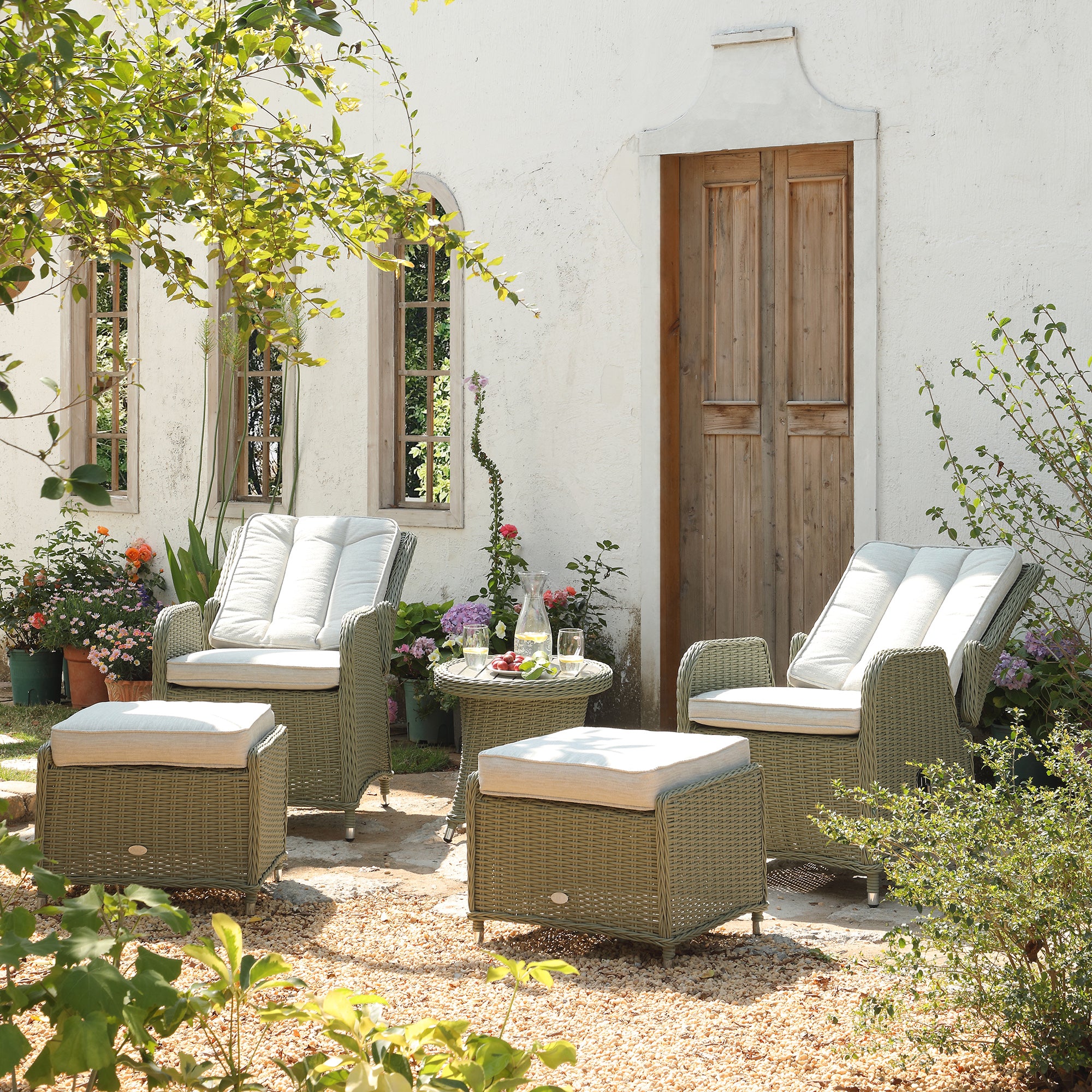 Hampshire 2-Seater Round Wicker Reclining Bistro Set with Stools, Desert Sage - Image 4