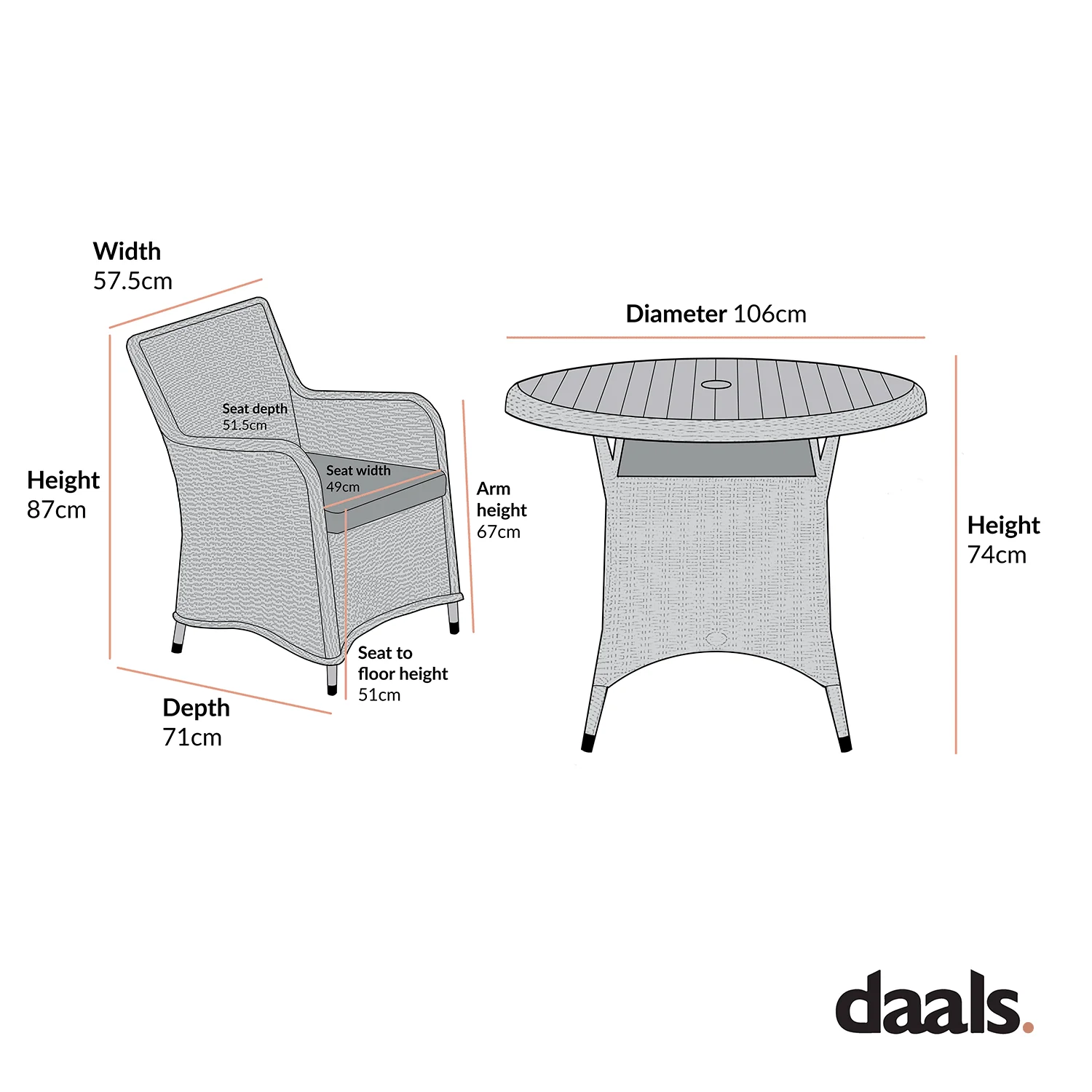 Hampshire 4-Seater Round Wicker Rattan Dining Set, Light Grey - Image 5