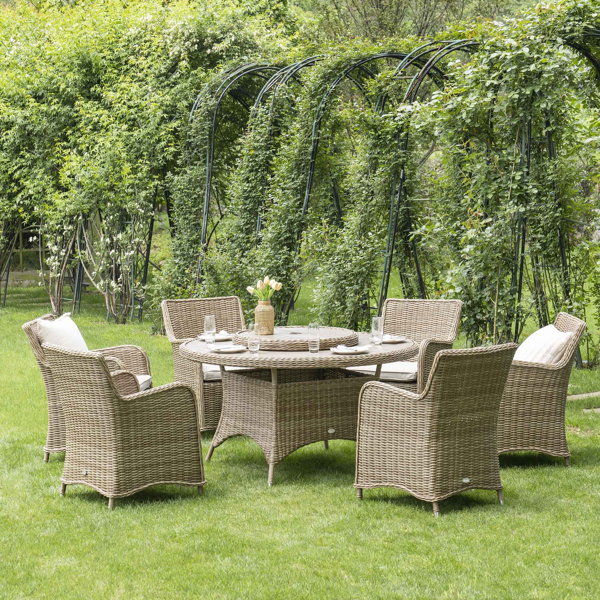 Hampshire 6-Seater Round Wicker Rattan Dining Set with Lazy Susan & Ice Bucket, Natural - Image 2