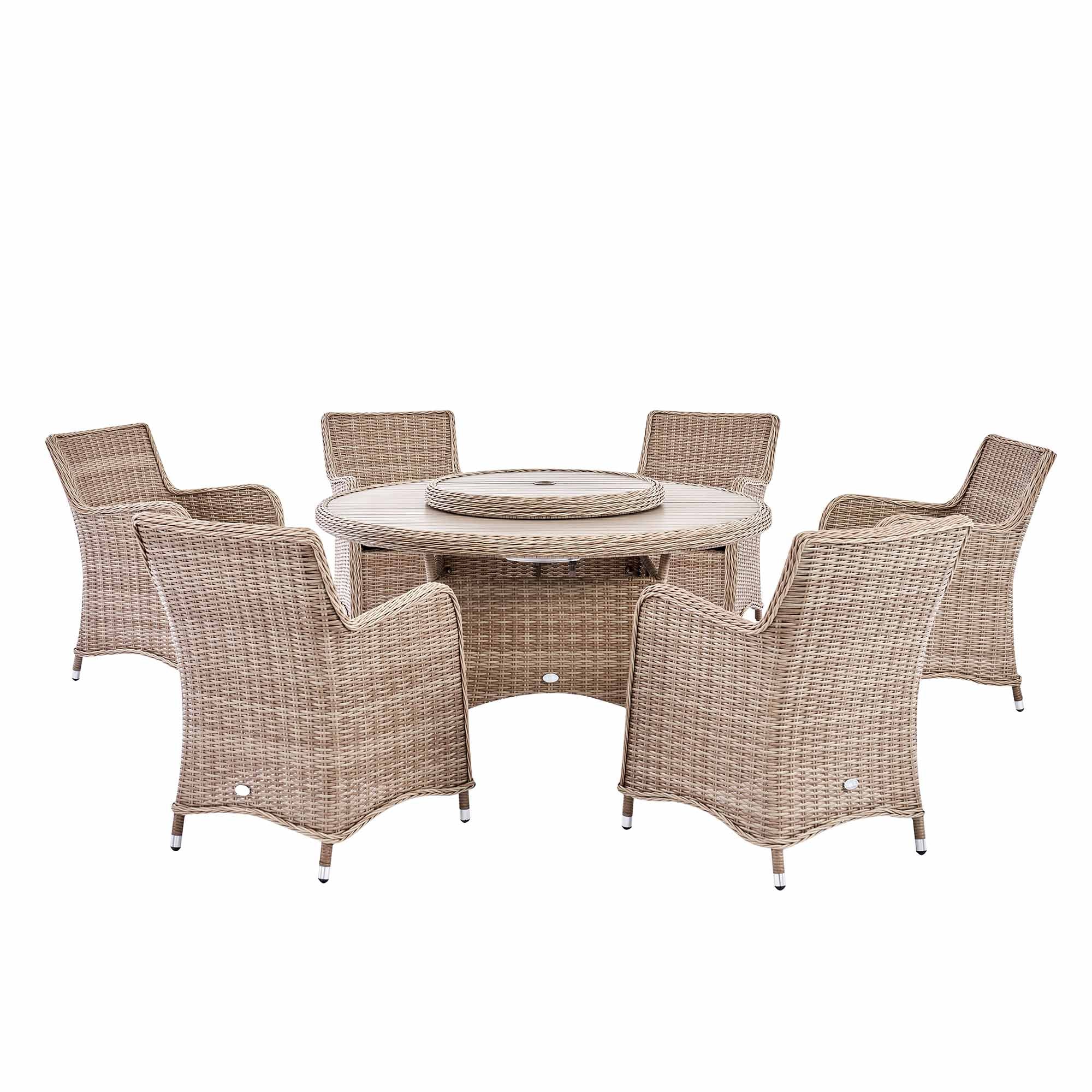 Hampshire 6-Seater Round Wicker Rattan Dining Set with Lazy Susan & Ice Bucket, Natural - Image 8