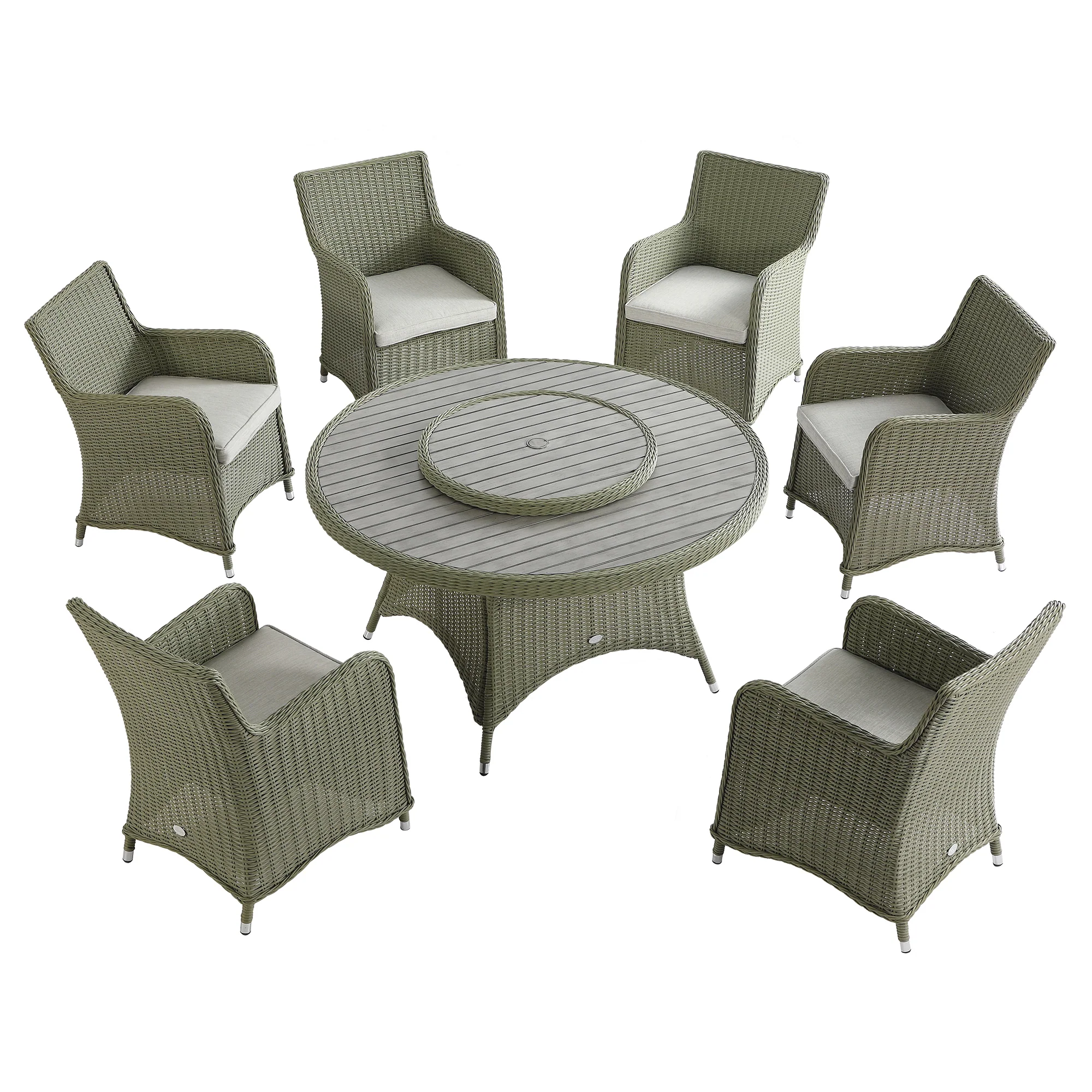 Hampshire 6-Seater Round Wicker Rattan Dining Set with Lazy Susan & Ice Bucket, Desert Sage - Image 10
