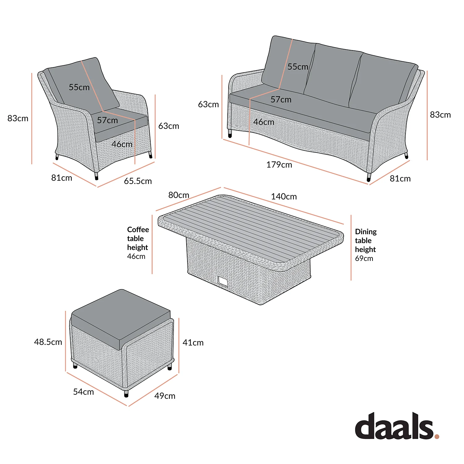 Hampshire 7-Seater Round Wicker Rattan Sofa Set with Rising Table, Light Grey - Image 9