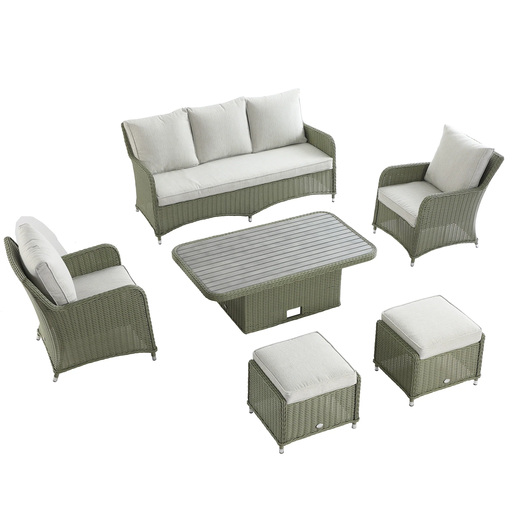 Hampshire 7-Seater Round Wicker Rattan Sofa Set with Rising Table, Desert Sage - Image 14