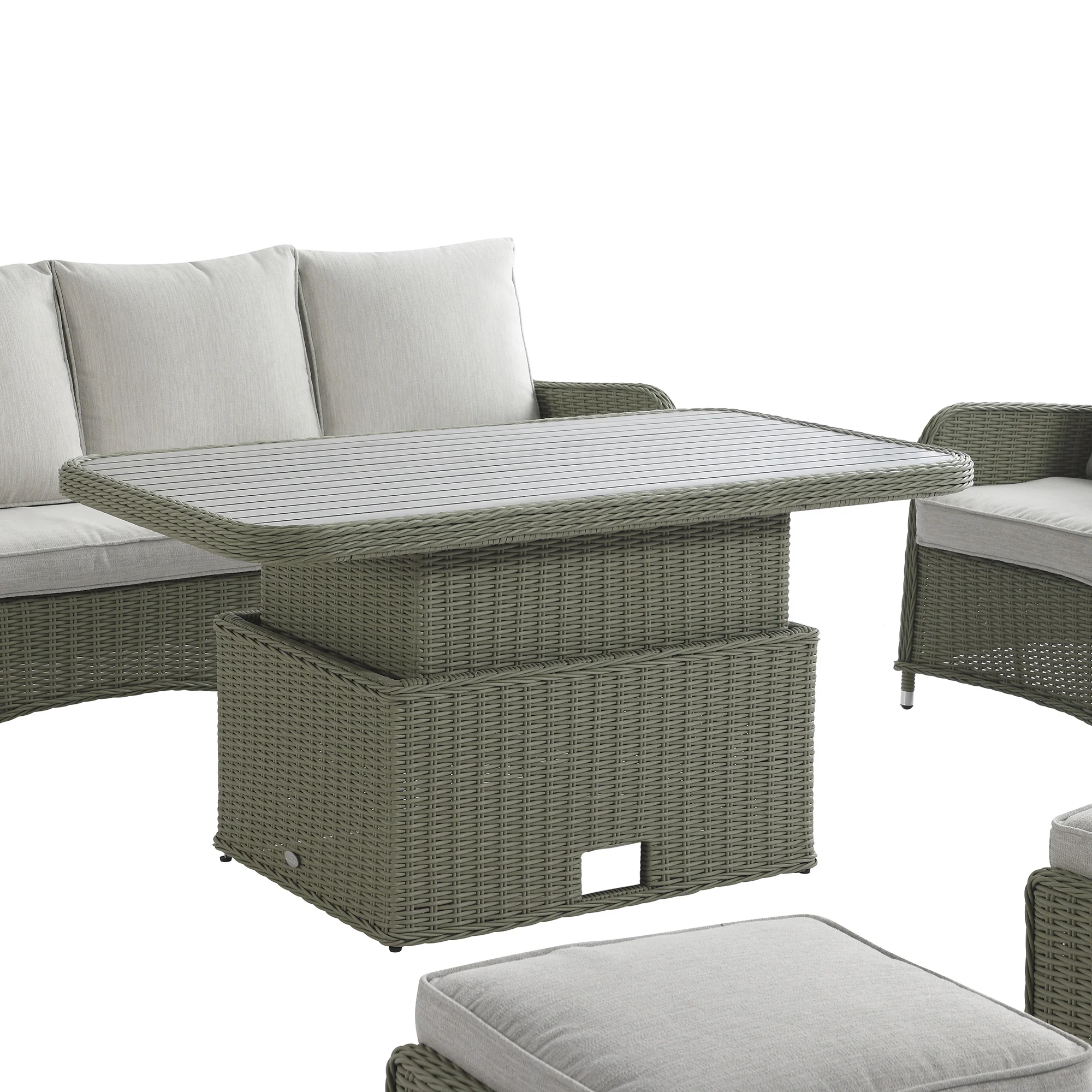 Hampshire 7-Seater Round Wicker Rattan Sofa Set with Rising Table, Desert Sage - Image 17