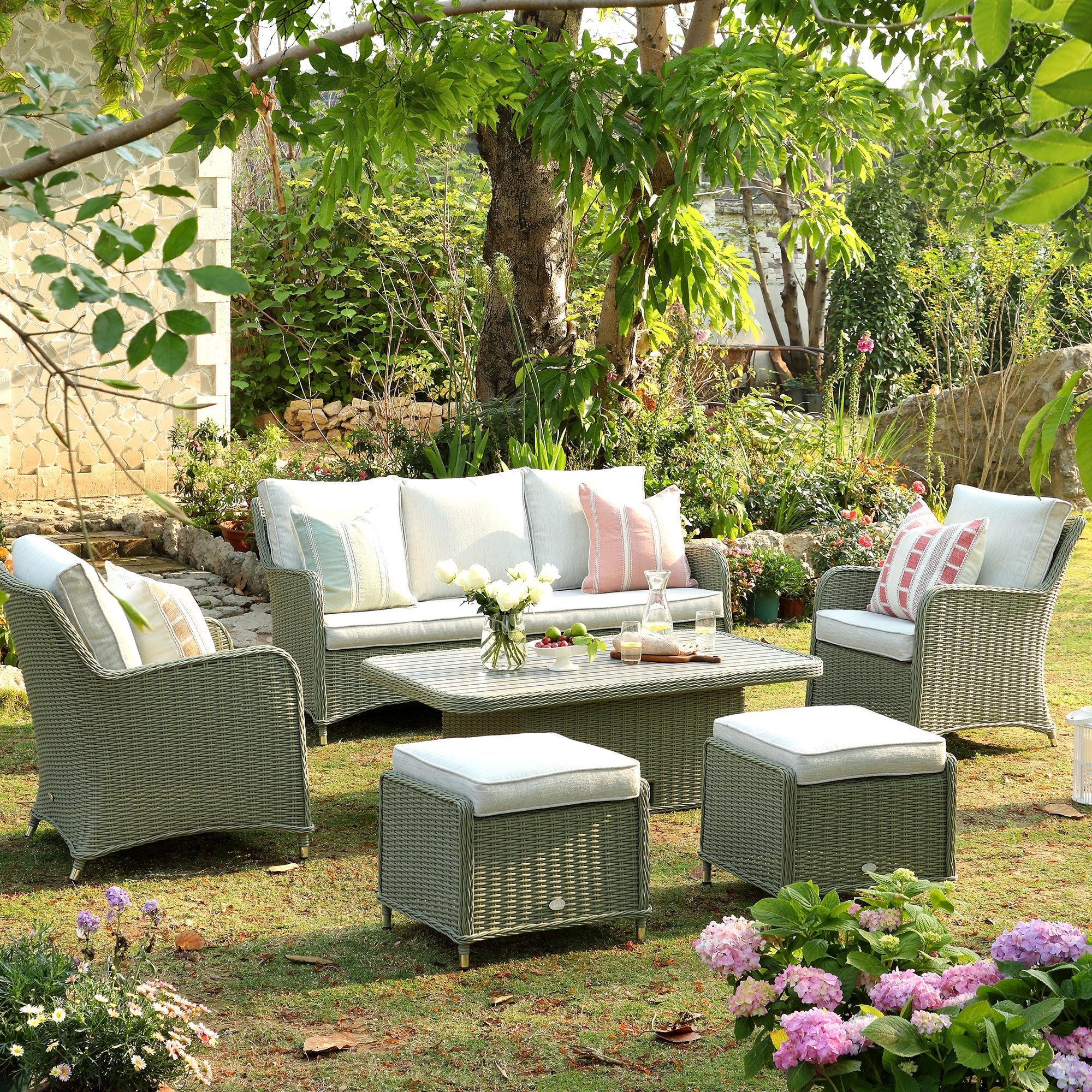 Hampshire 7-Seater Round Wicker Rattan Sofa Set with Rising Table, Desert Sage - Image 4