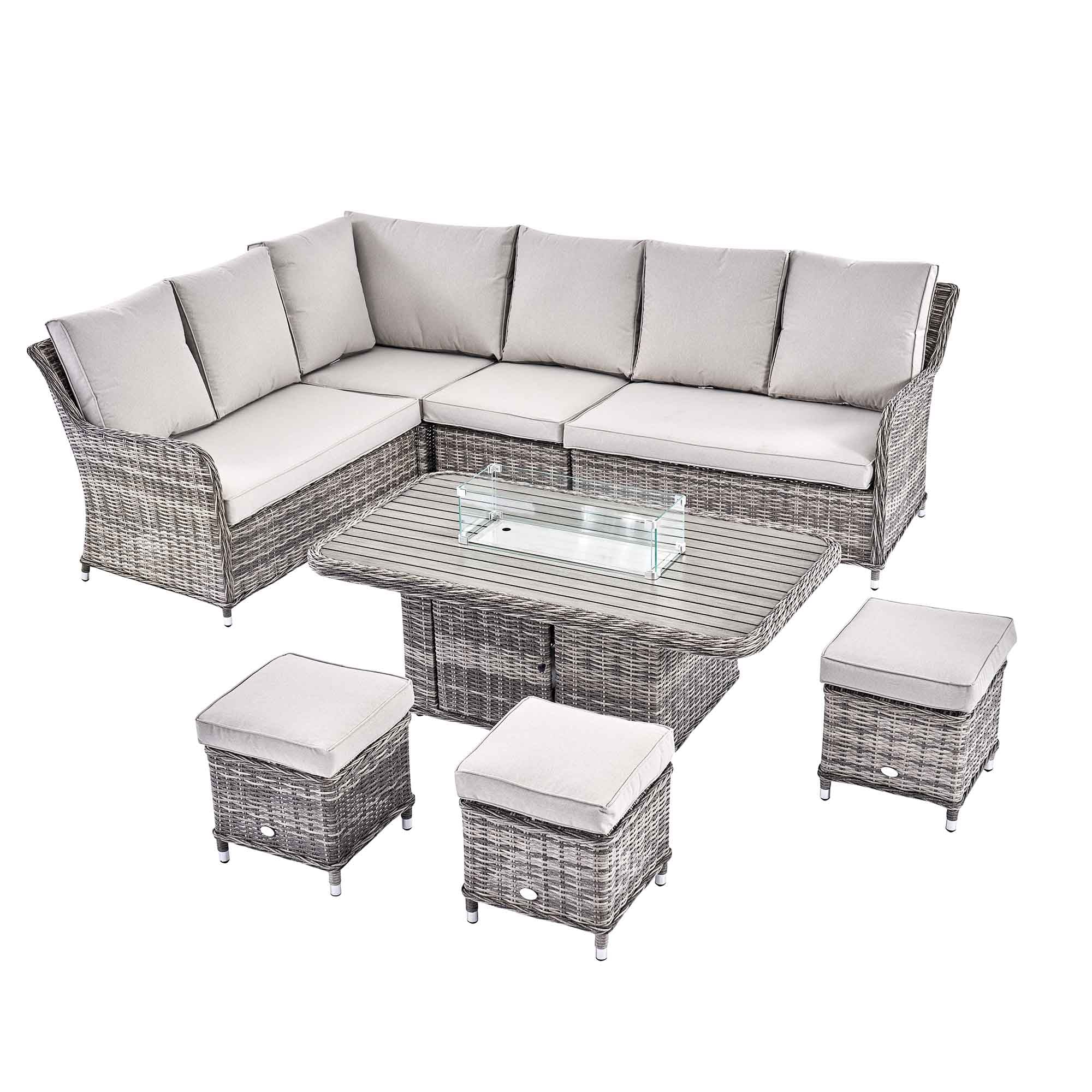 Hampshire Large Corner Round Wicker Rattan Casual Dining Set with Rising Firepit Table, Light Grey - Image 11