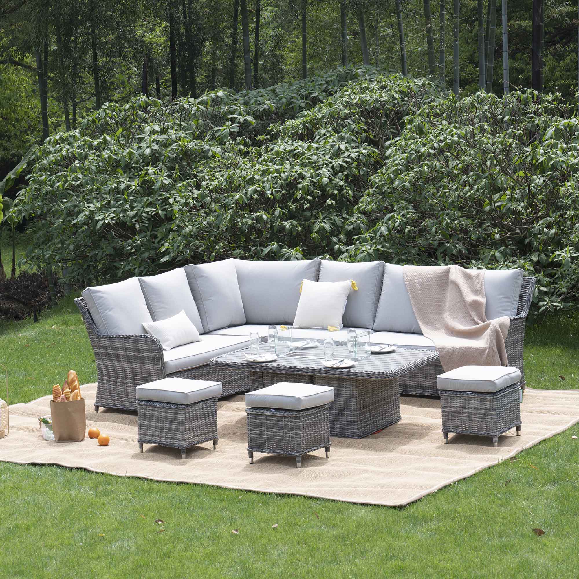Hampshire Large Corner Round Wicker Rattan Casual Dining Set with Rising Firepit Table, Light Grey - Image 2