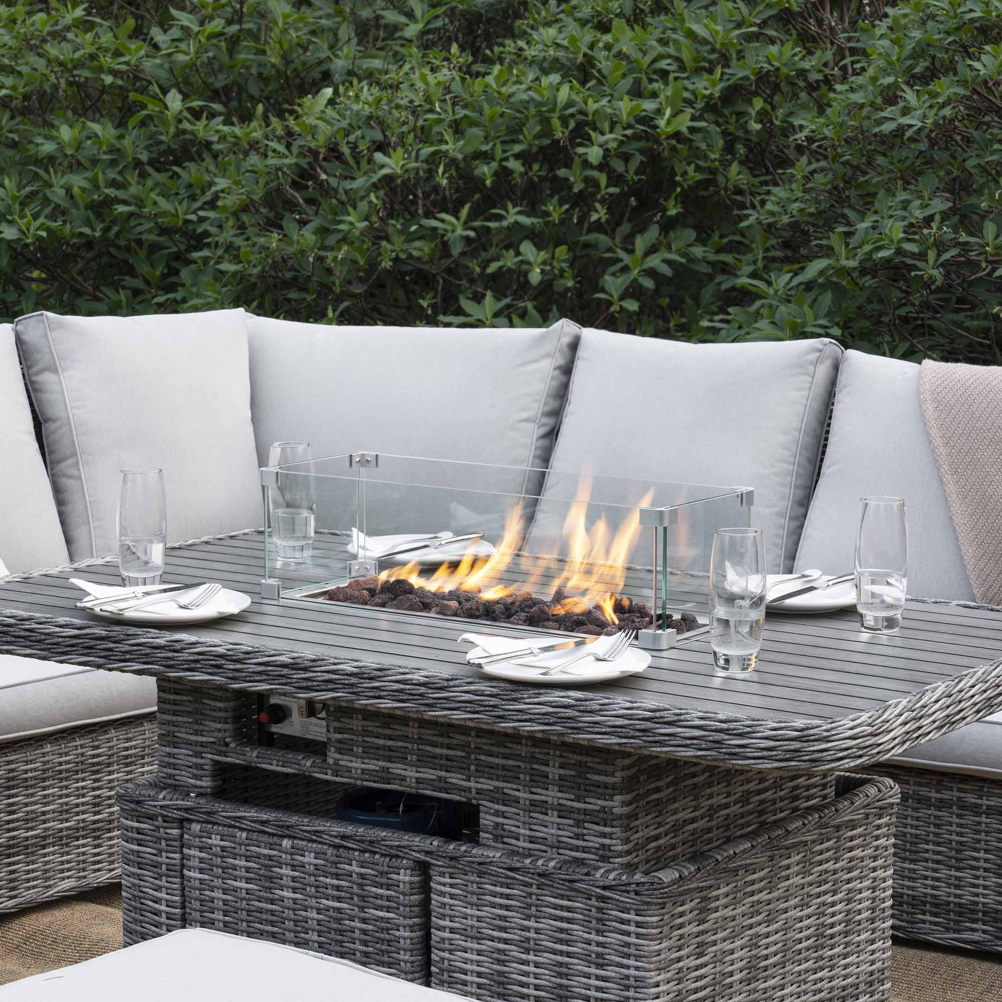 Hampshire Large Corner Round Wicker Rattan Casual Dining Set with Rising Firepit Table, Light Grey - Image 4