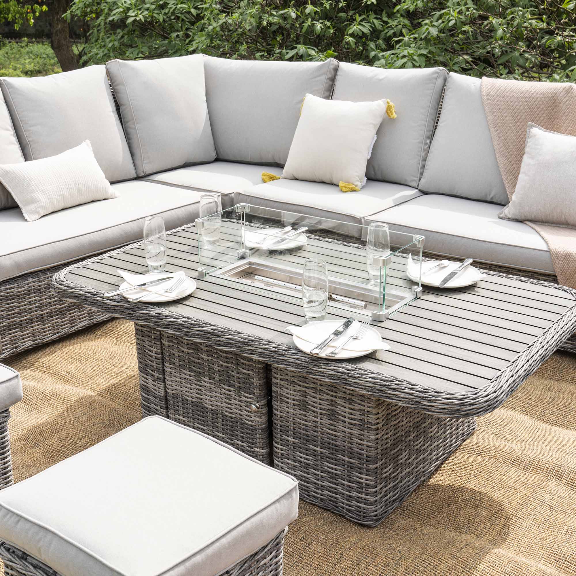 Hampshire Large Corner Round Wicker Rattan Casual Dining Set with Rising Firepit Table, Light Grey - Image 5