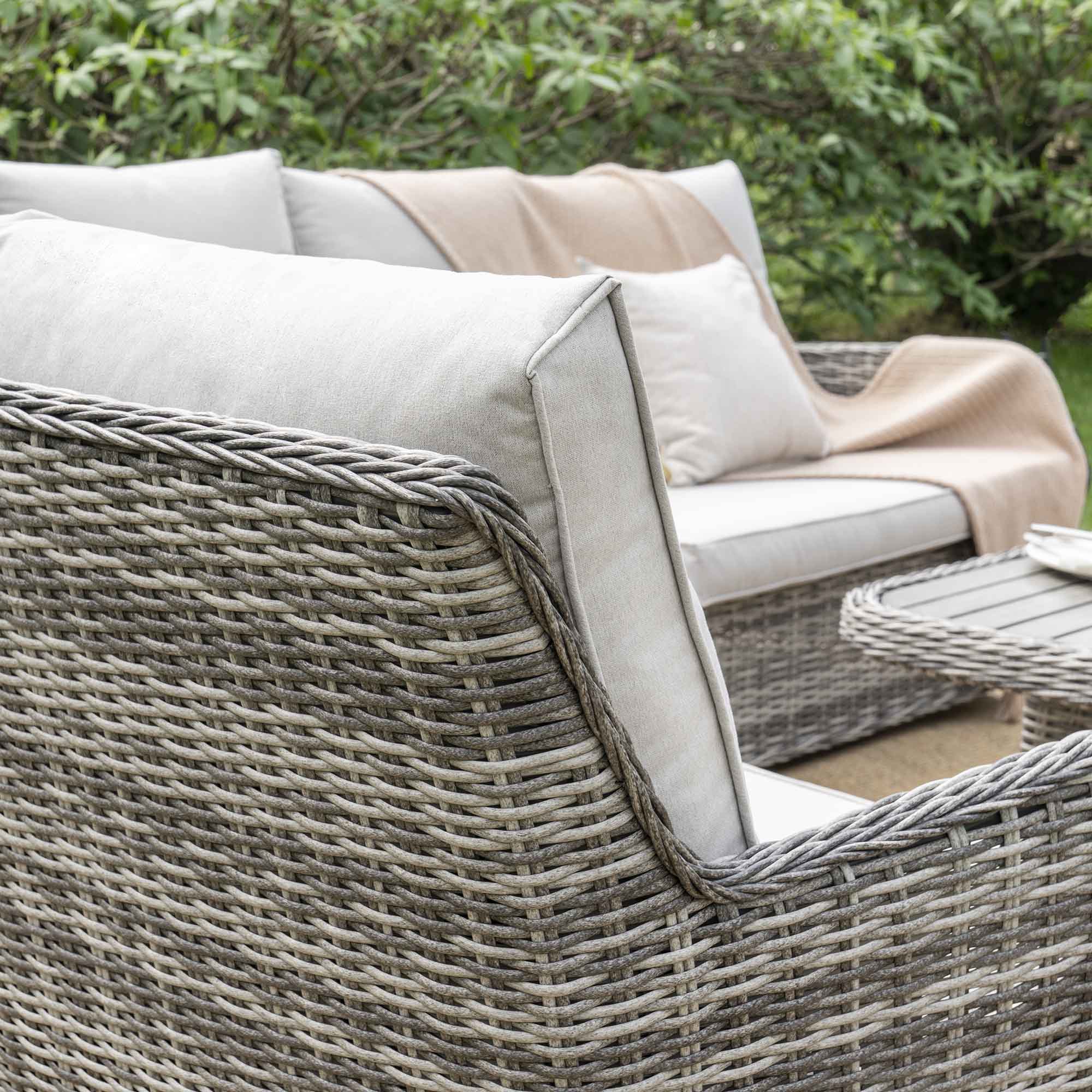 Hampshire Large Corner Round Wicker Rattan Casual Dining Set with Rising Firepit Table, Light Grey - Image 7
