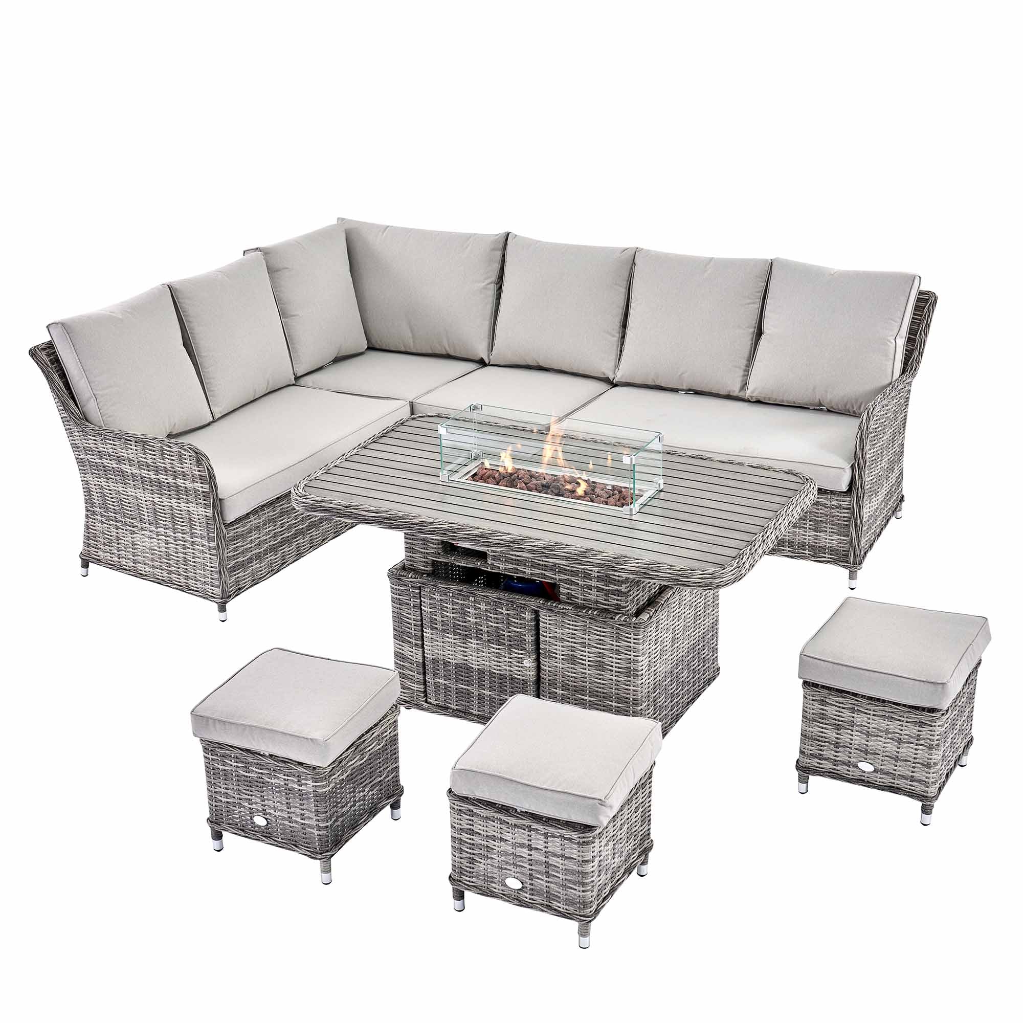 Hampshire Large Corner Round Wicker Rattan Casual Dining Set with Rising Firepit Table, Light Grey - Image 8