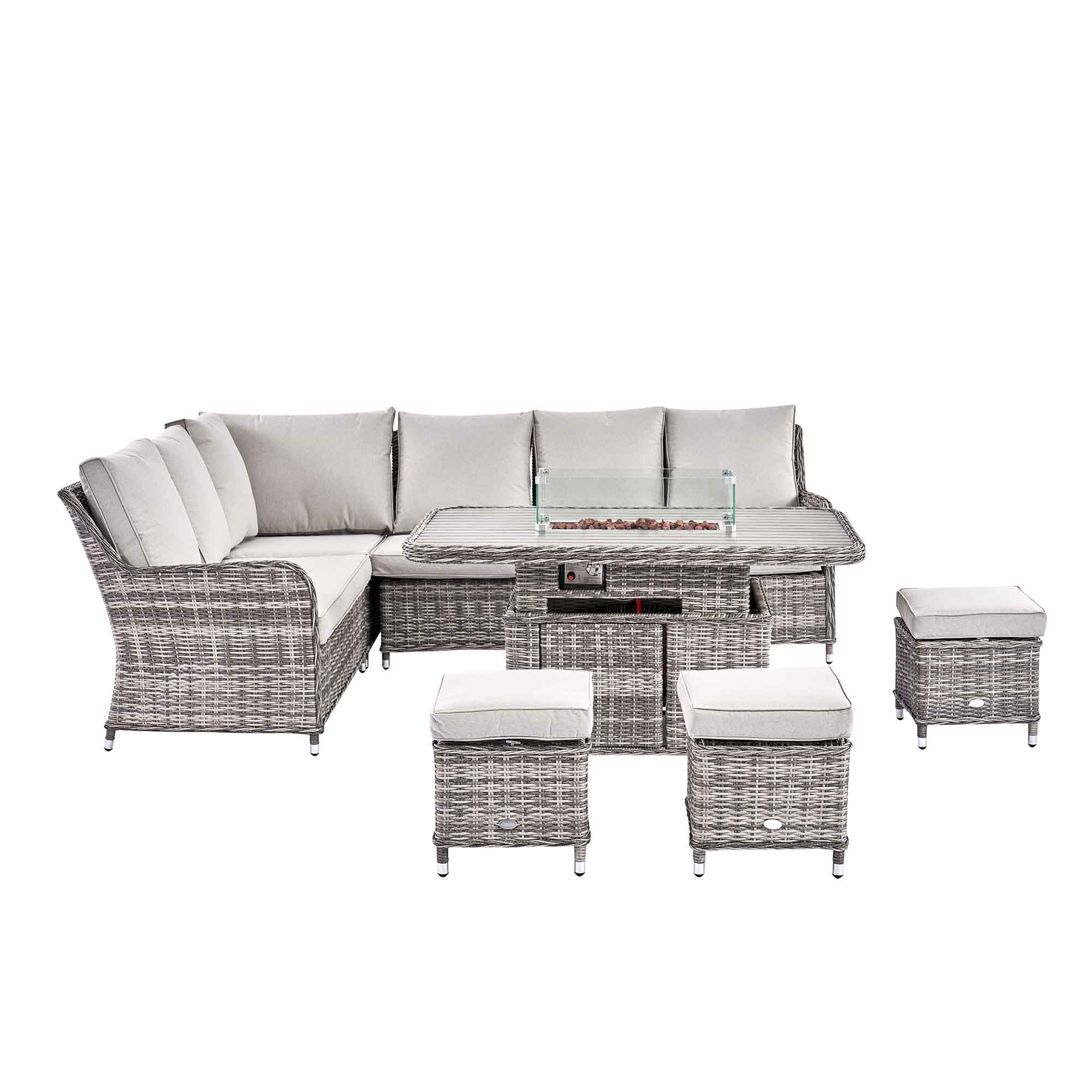 Hampshire Large Corner Round Wicker Rattan Casual Dining Set with Rising Firepit Table, Light Grey - Image 9