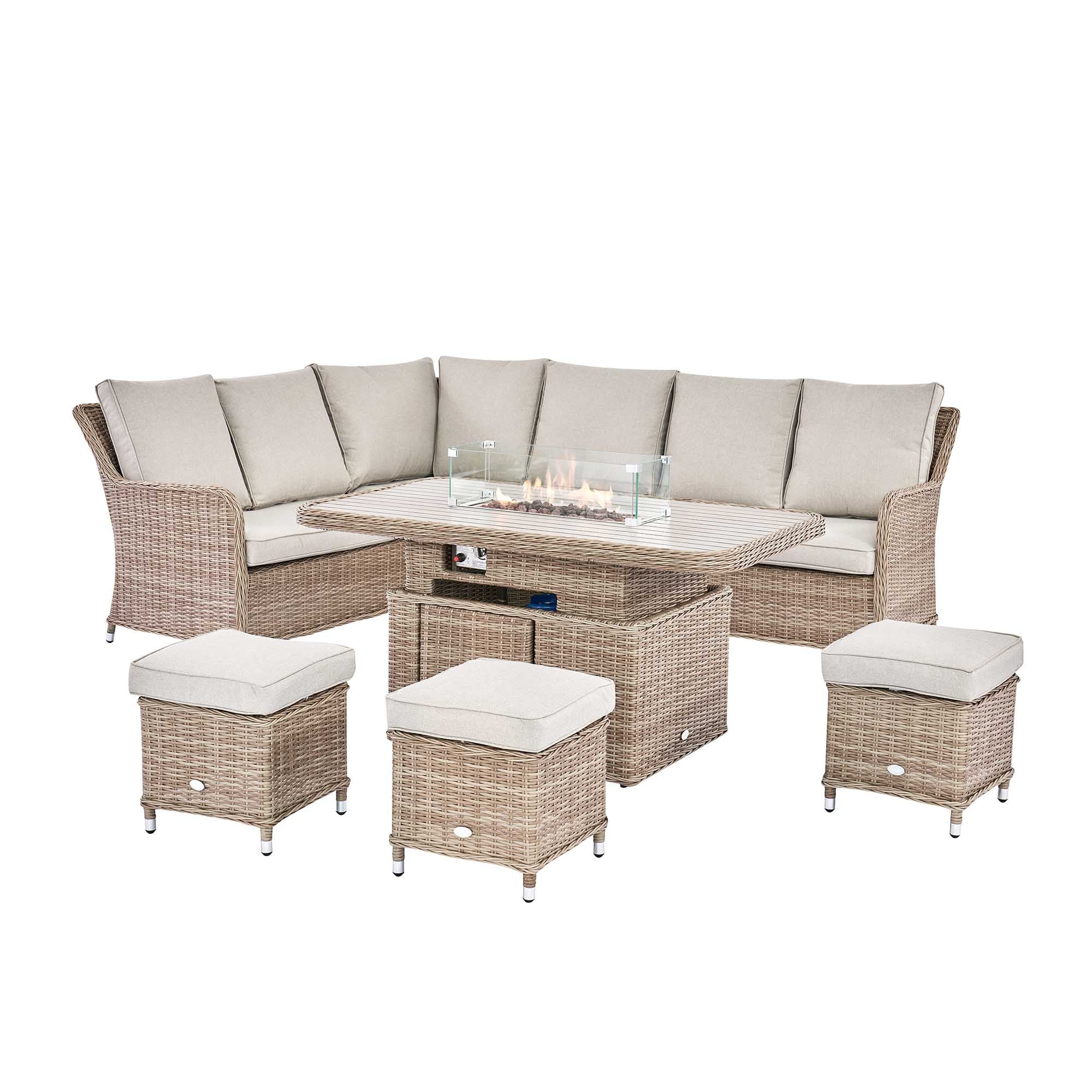 Hampshire Large Corner Round Wicker Rattan Casual Dining Set with Rising Firepit Table, Natural - Image 10