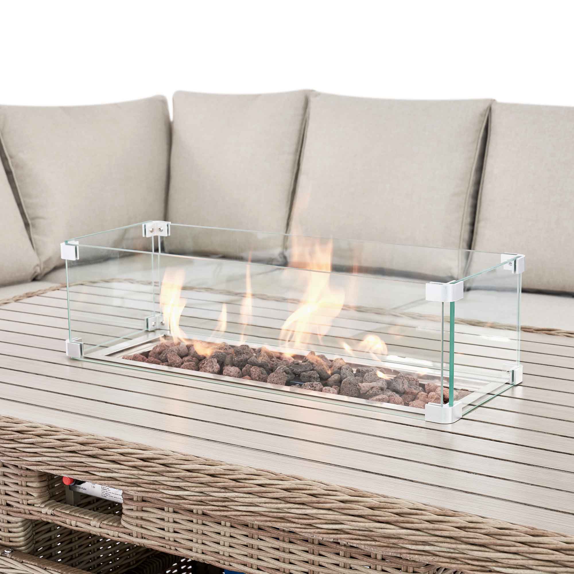 Hampshire Large Corner Round Wicker Rattan Casual Dining Set with Rising Firepit Table, Natural - Image 15