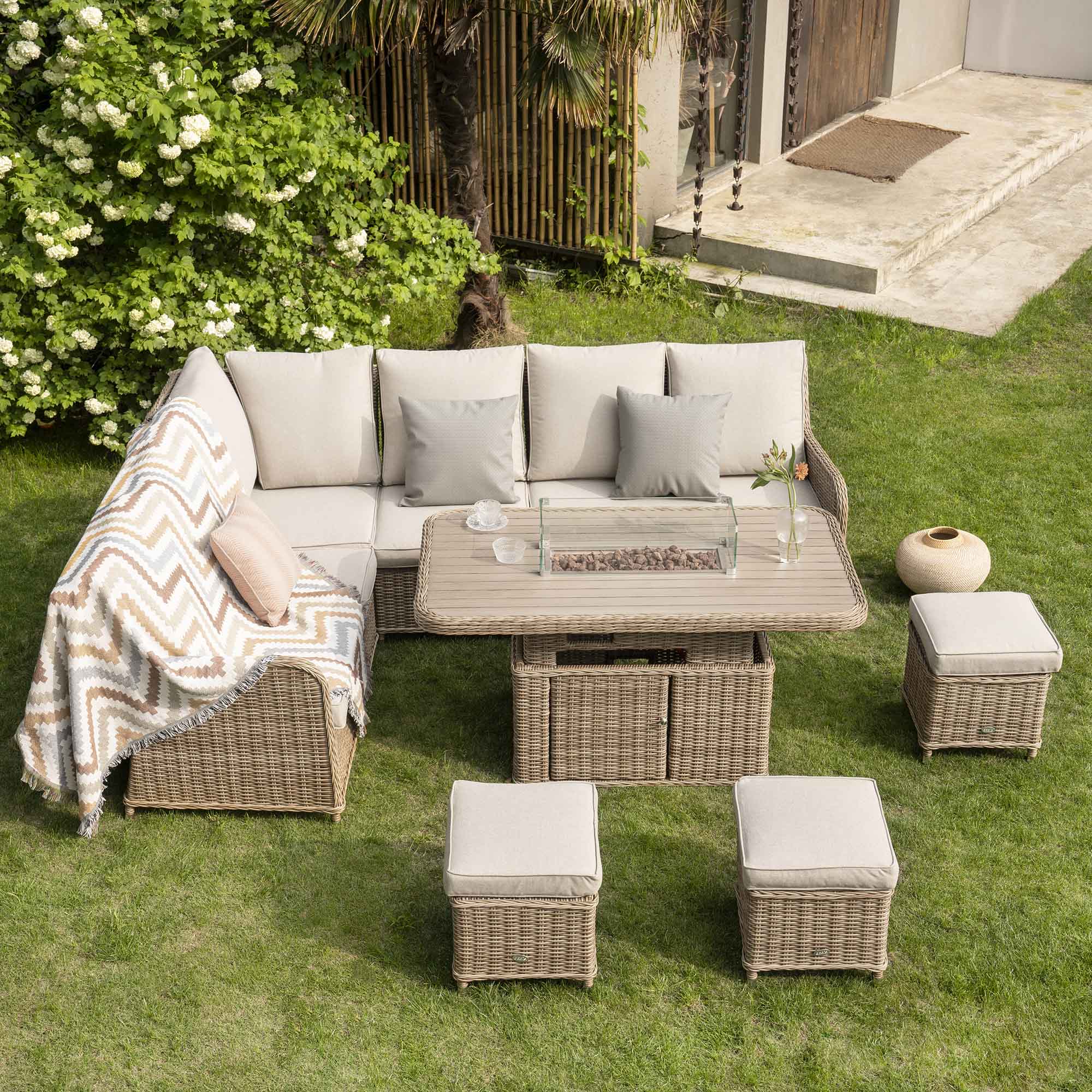 Hampshire Large Corner Round Wicker Rattan Casual Dining Set with Rising Firepit Table, Natural - Image 3