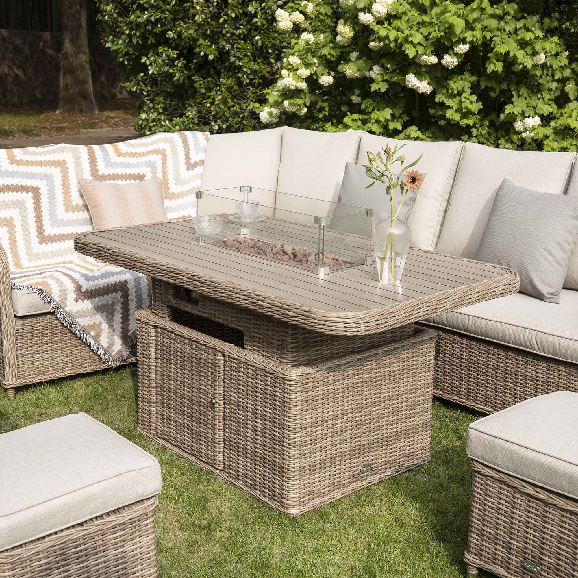 Hampshire Large Corner Round Wicker Rattan Casual Dining Set with Rising Firepit Table, Natural - Image 5