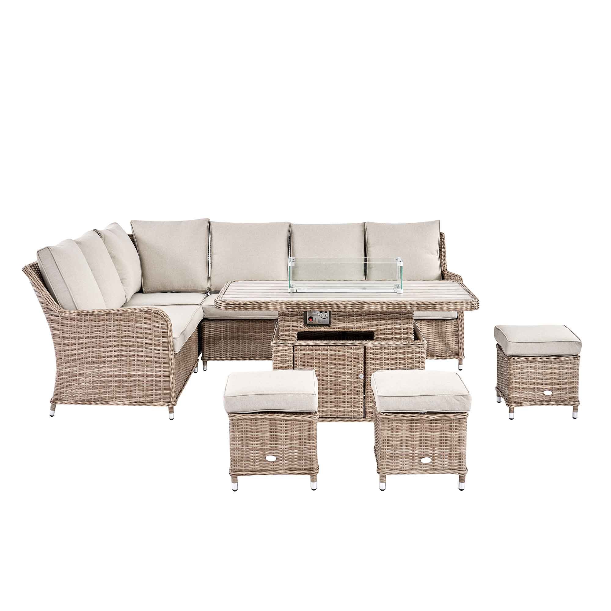 Hampshire Large Corner Round Wicker Rattan Casual Dining Set with Rising Firepit Table, Natural - Image 9