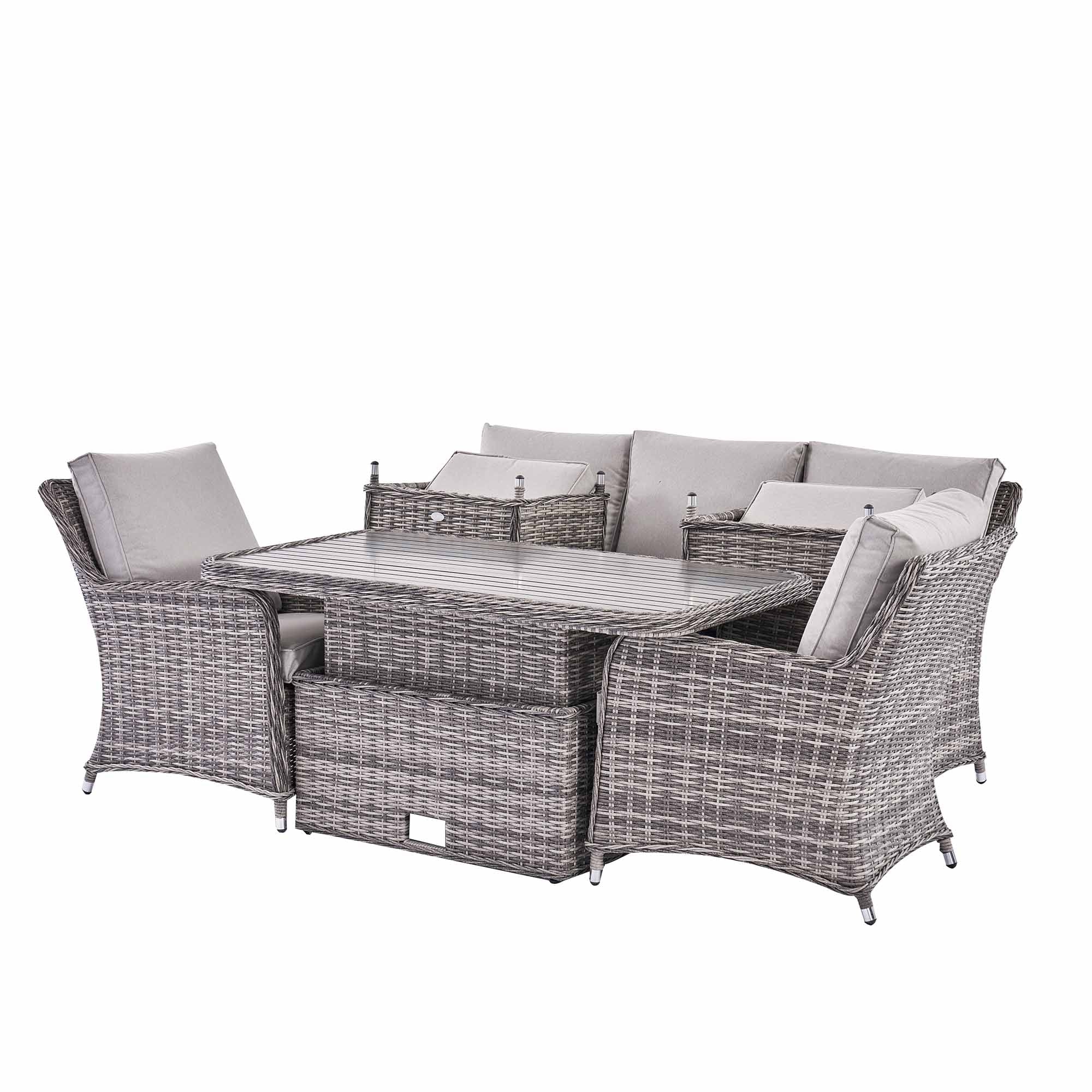 Hampshire 7-Seater Round Wicker Rattan Sofa Set with Rising Table, Light Grey - Image 11