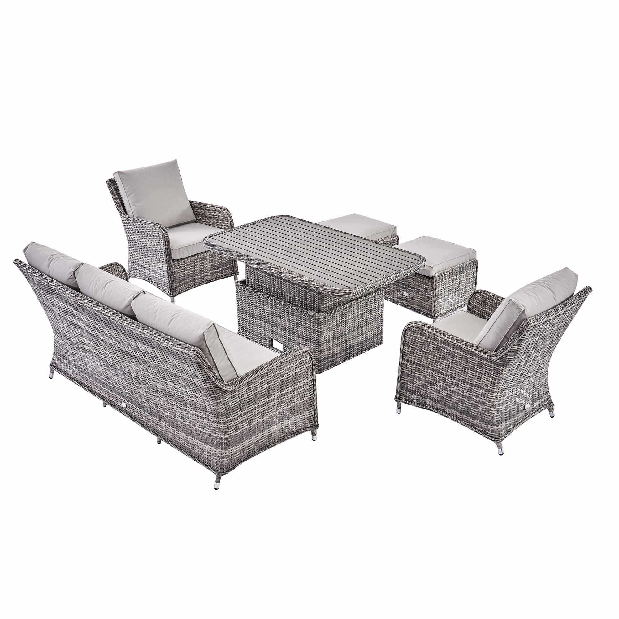 Hampshire 7-Seater Round Wicker Rattan Sofa Set with Rising Table, Light Grey - Image 12