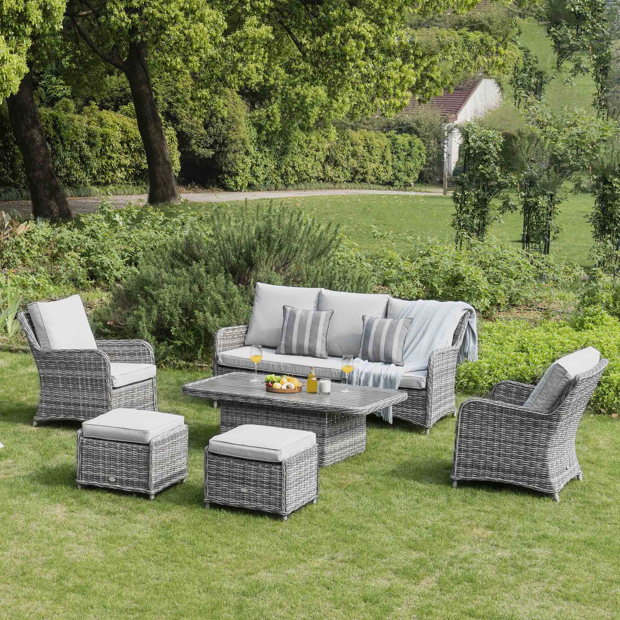 Hampshire 7-Seater Round Wicker Rattan Sofa Set with Rising Table, Light Grey - Image 4