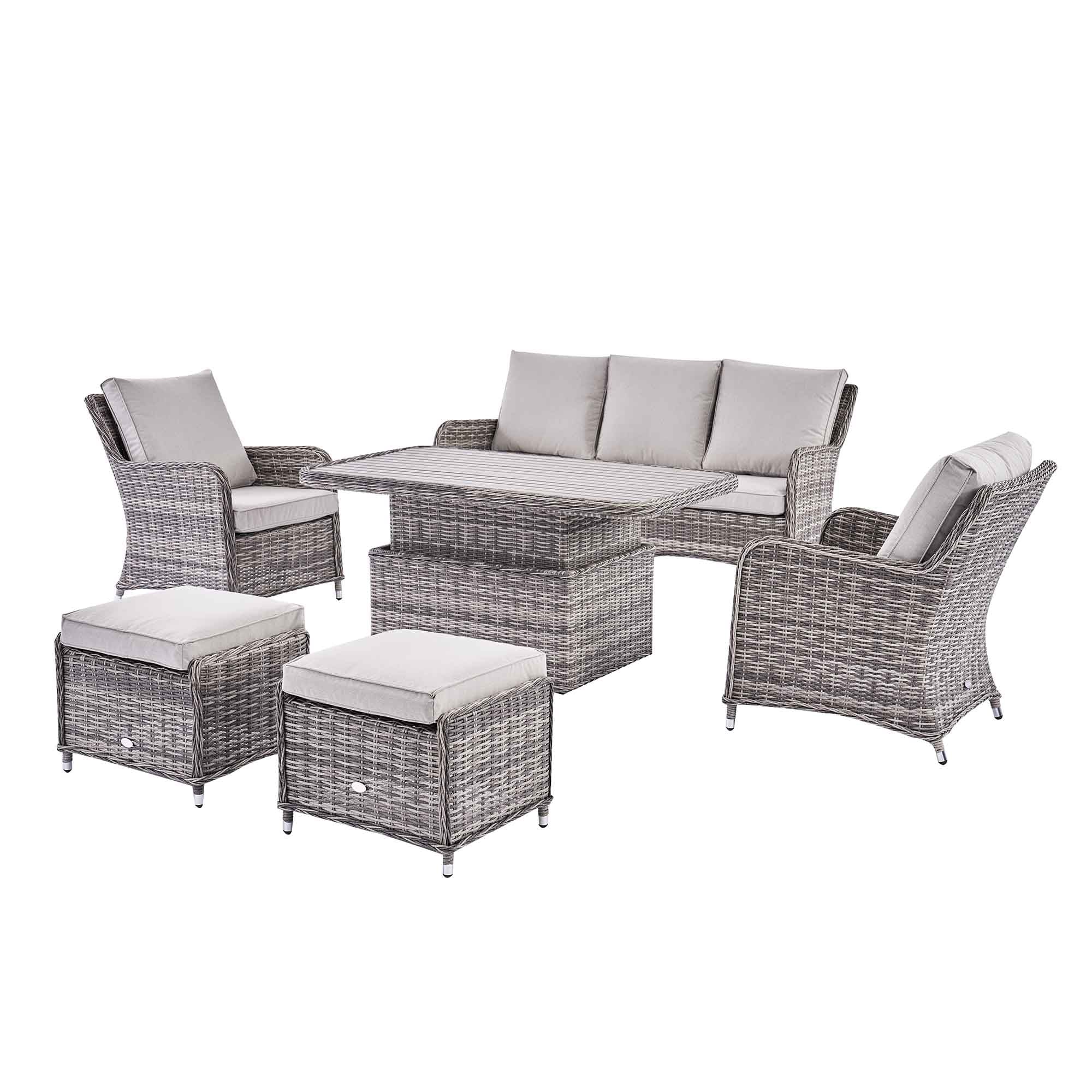 Hampshire 7-Seater Round Wicker Rattan Sofa Set with Rising Table, Light Grey - Image 7