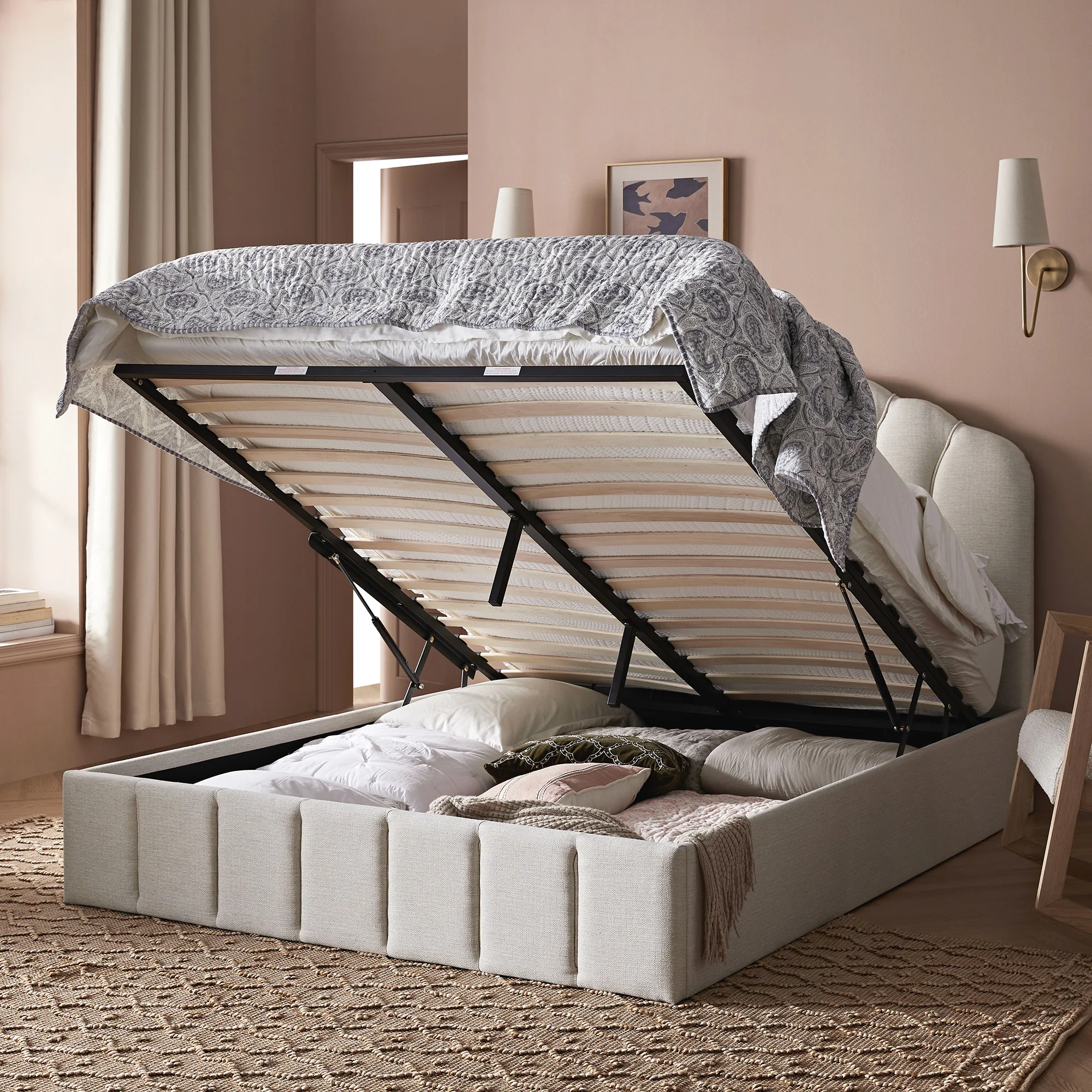 Hana Ottoman Storage Bed, Ivory Weave Fabric - Image 3