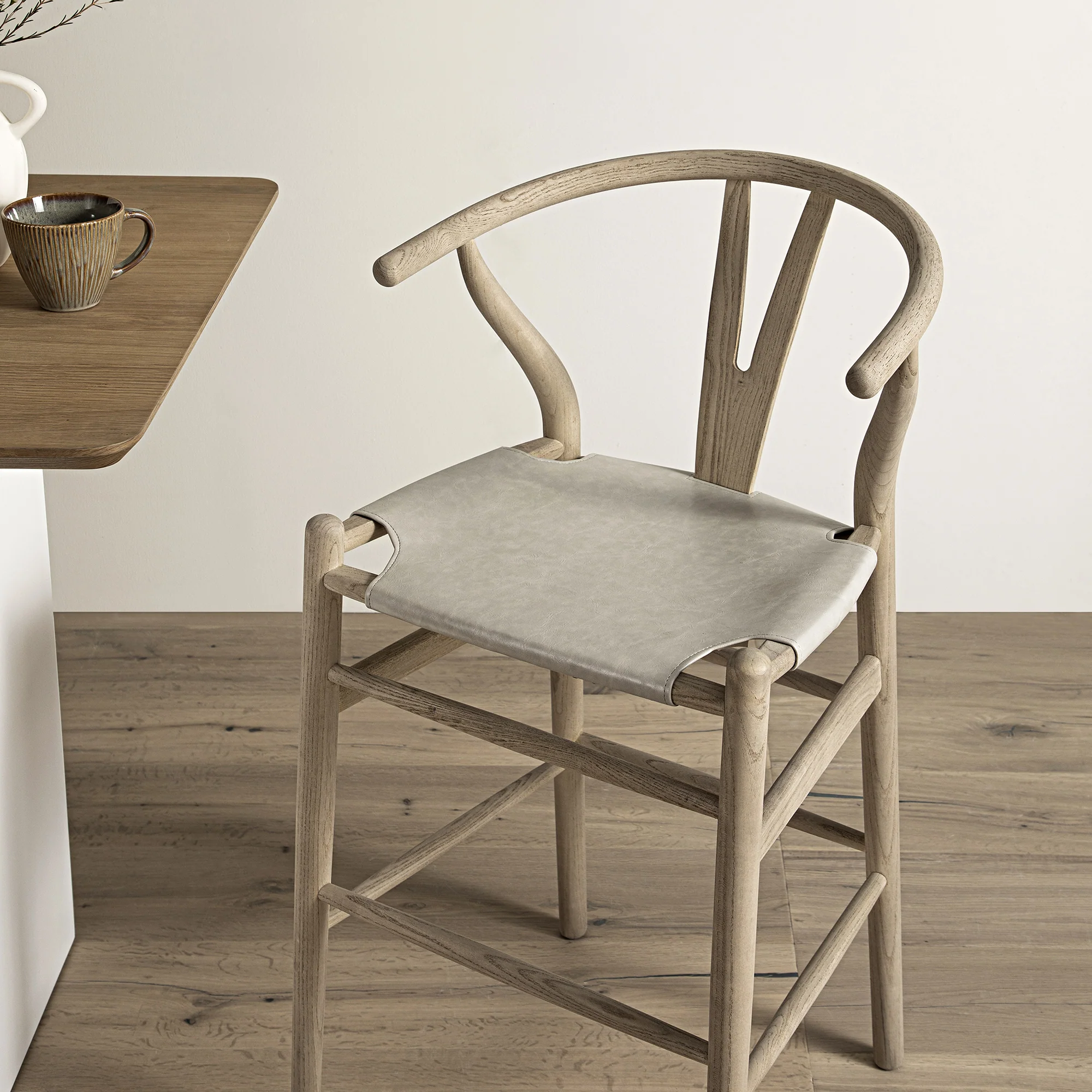 Hansel Counter Stool, Weathered Elm Frame with Light Grey Faux Leather Seat - Image 3