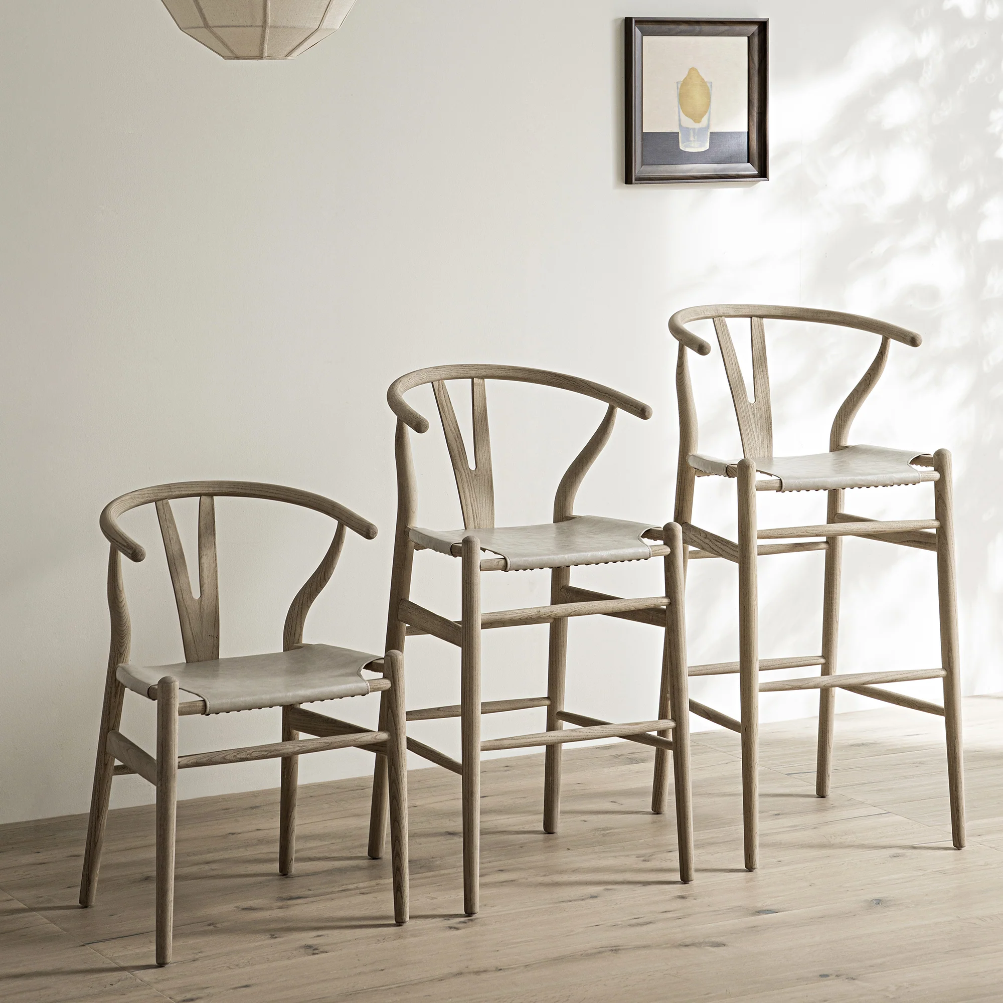 Hansel Bar Stool, Weathered Elm Frame with Light Grey Faux Leather Seat - Image 2