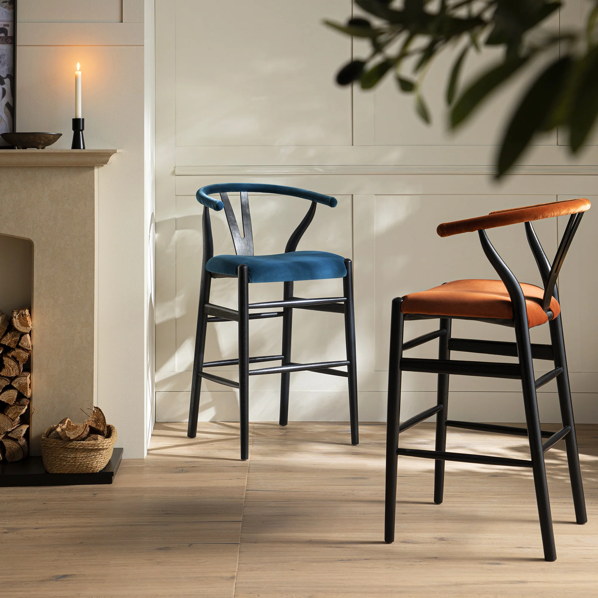 Hansel Upholstered Counter Stool, Blue Velvet and Black Frame - Image 2