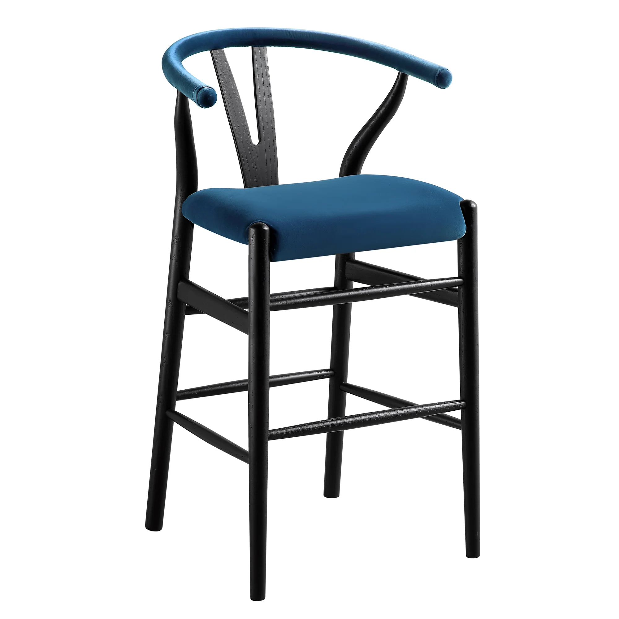 Hansel Upholstered Counter Stool, Blue Velvet and Black Frame - Image 5