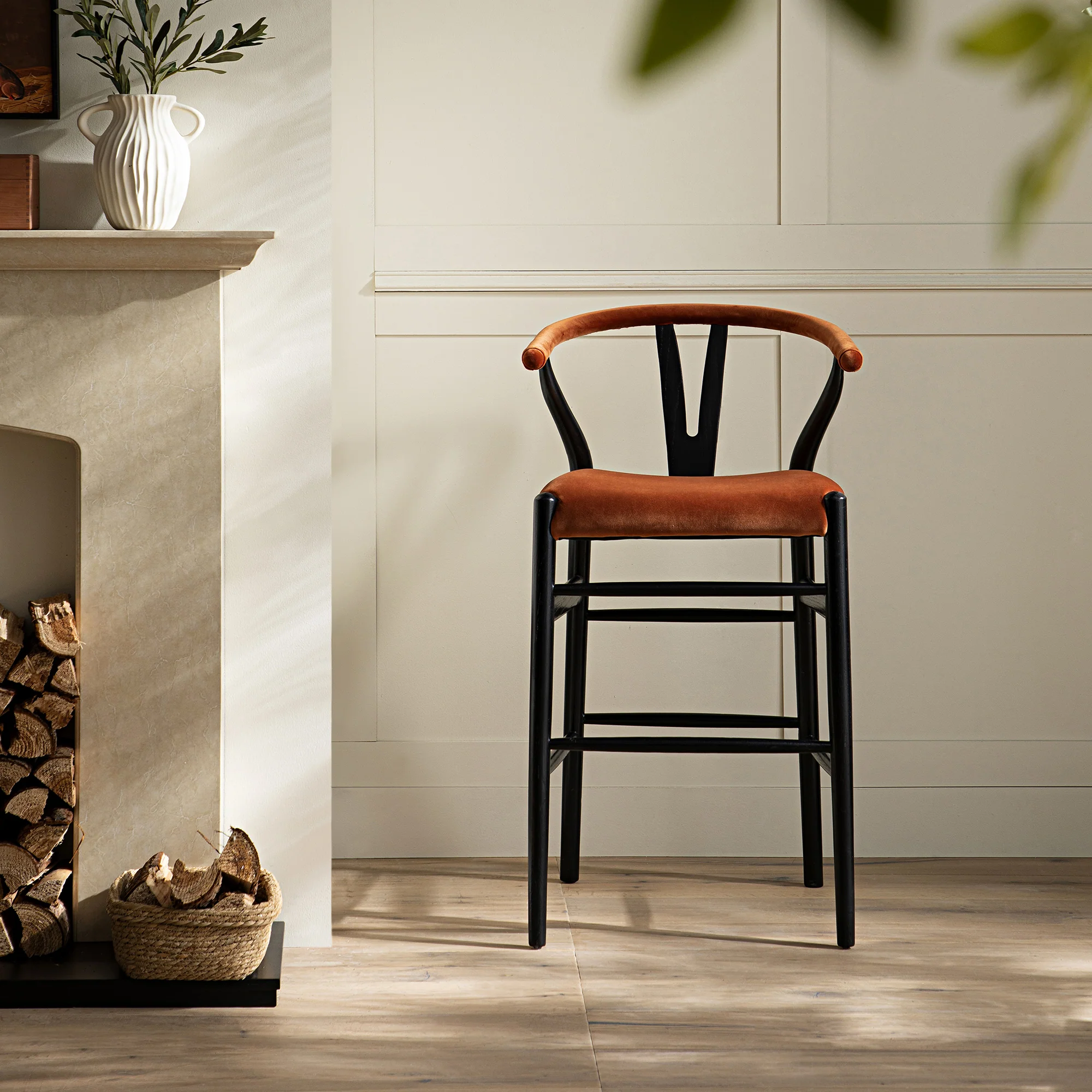 Hansel Upholstered Counter Stool, Rust Velvet and Black Frame - Image 2