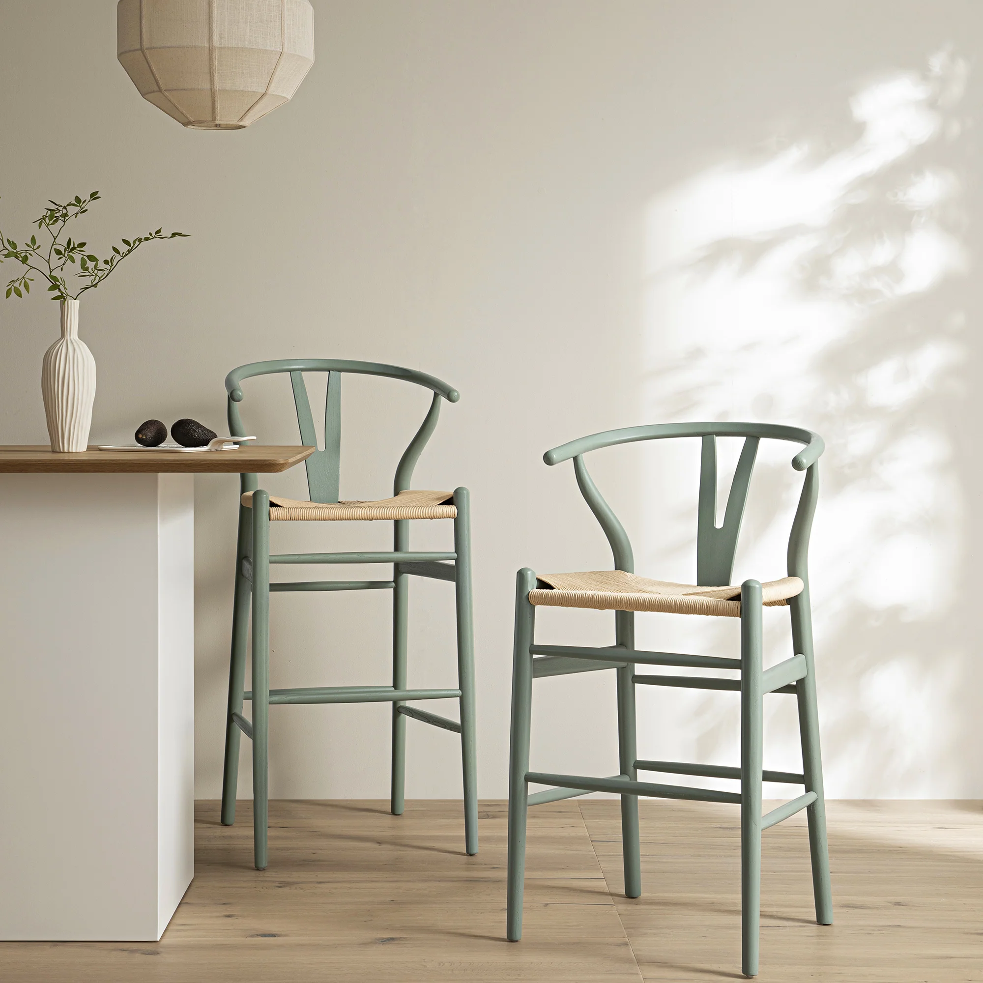 Hansel Wooden Natural Weave Bar Stool, Sage Green Frame - Image 2