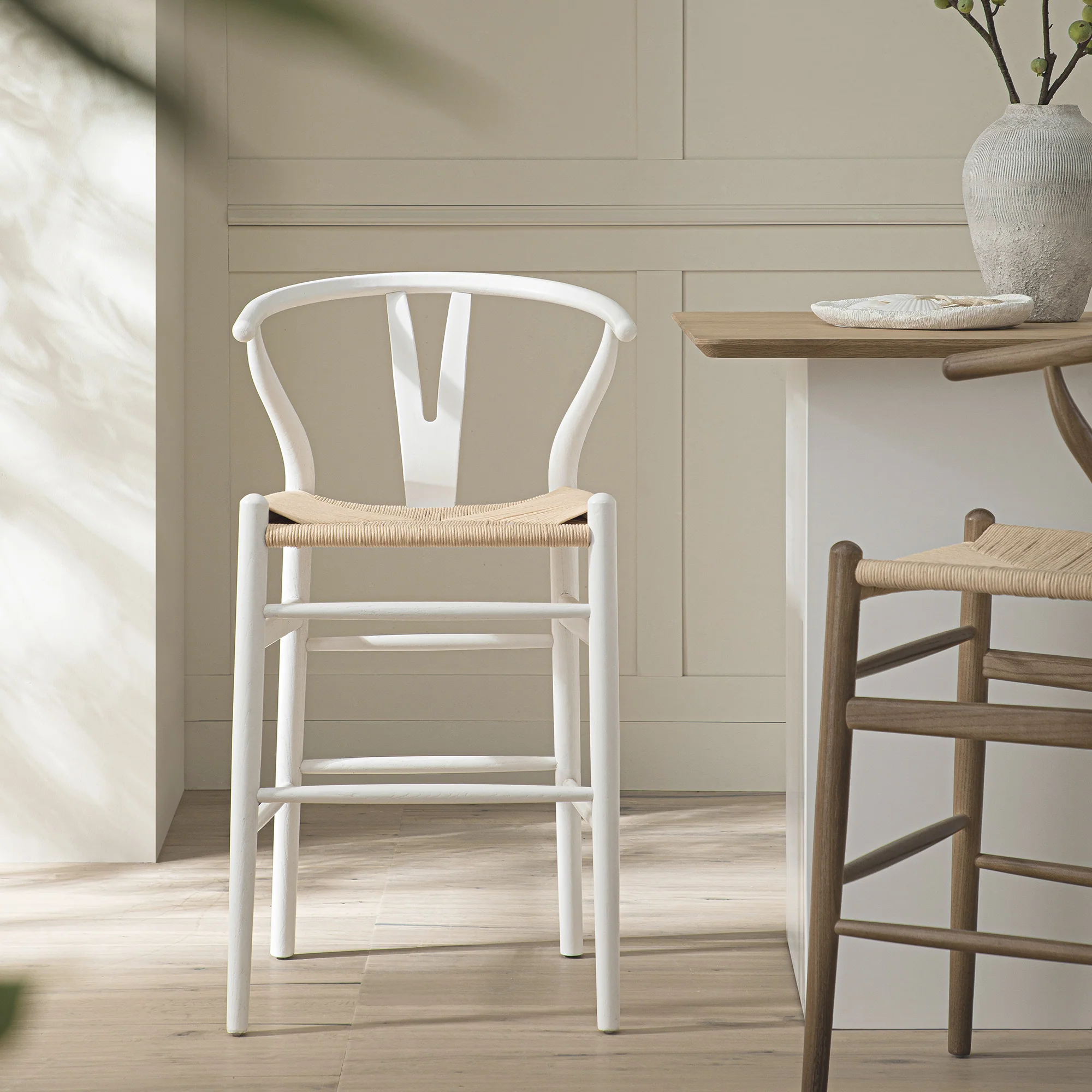 Hansel Wooden Natural Weave Counter Stool, White Frame - Image 2