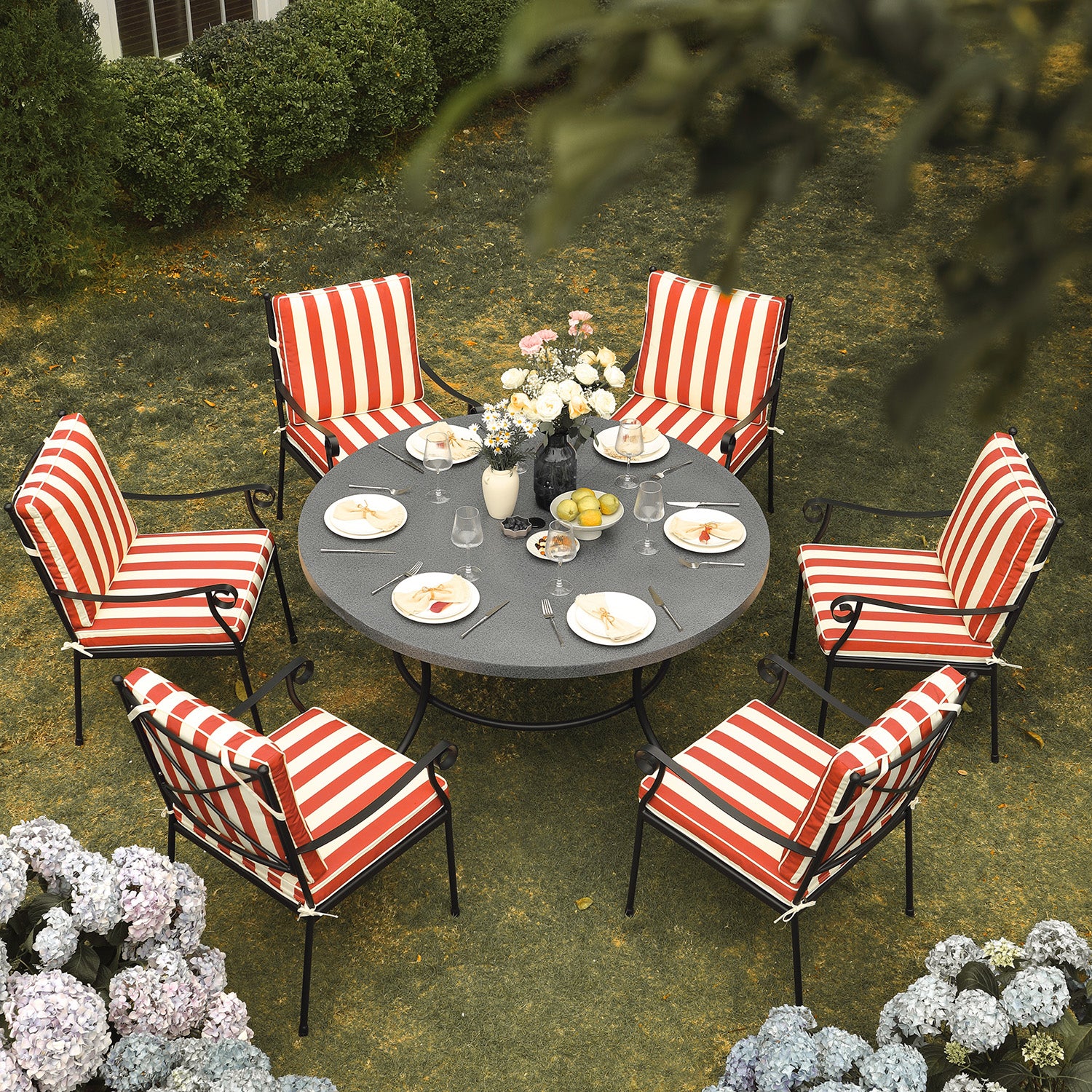 Haymes Indoor and Outdoor Metal 6-Seater Round Dining Set, Scarlet Stripe - Image 2