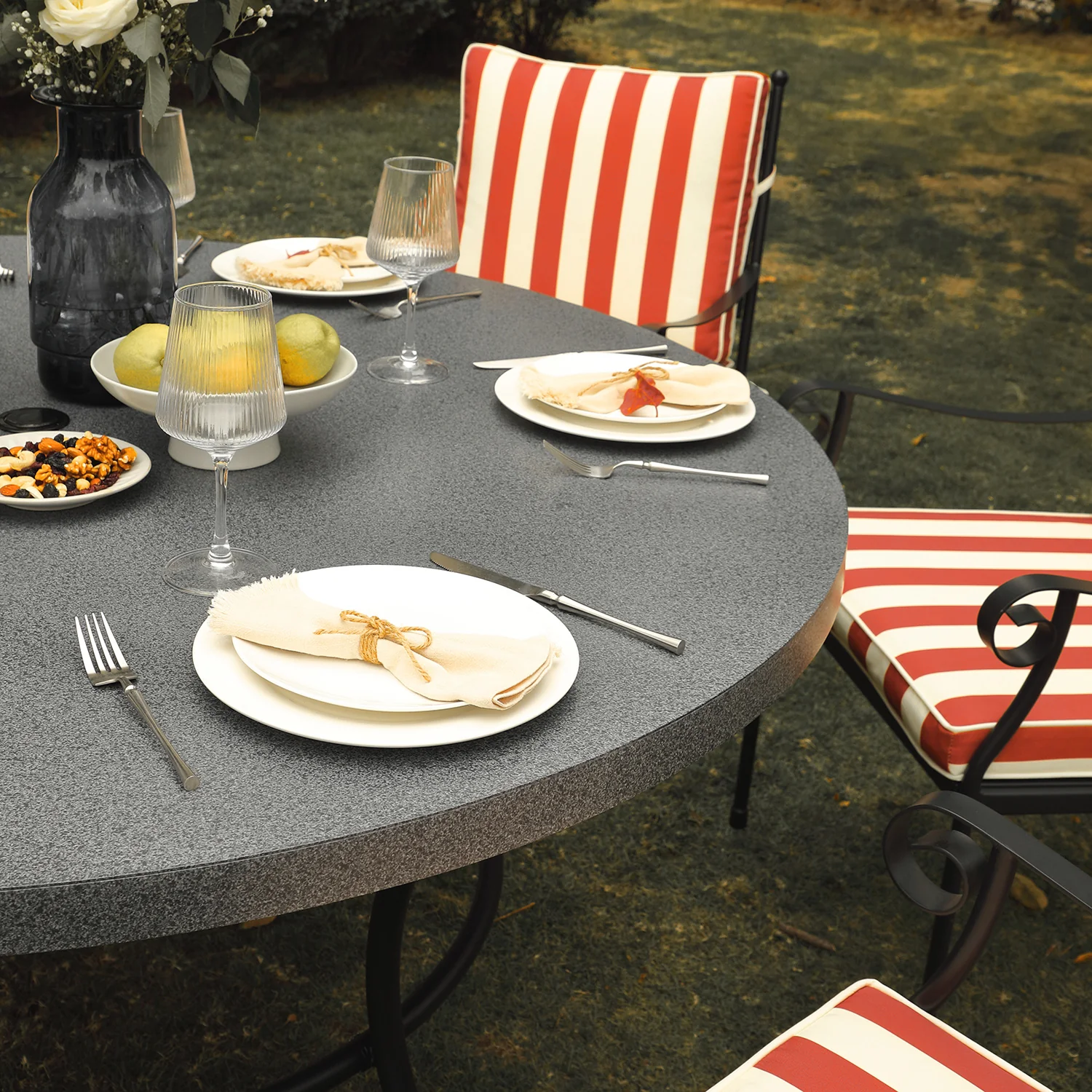 Haymes Indoor and Outdoor Metal 6-Seater Round Dining Set, Scarlet Stripe - Image 5