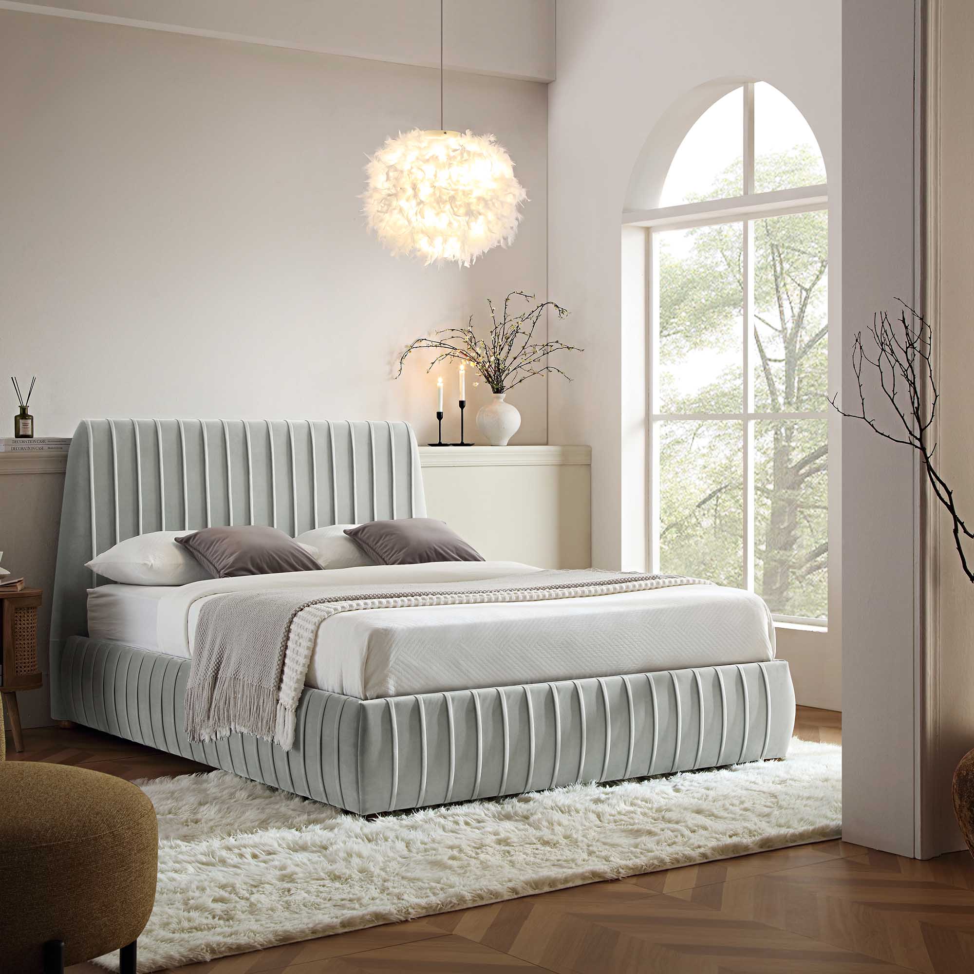 Helia Pleated Ottoman Storage Bed, Silver Grey Velvet - Image 2