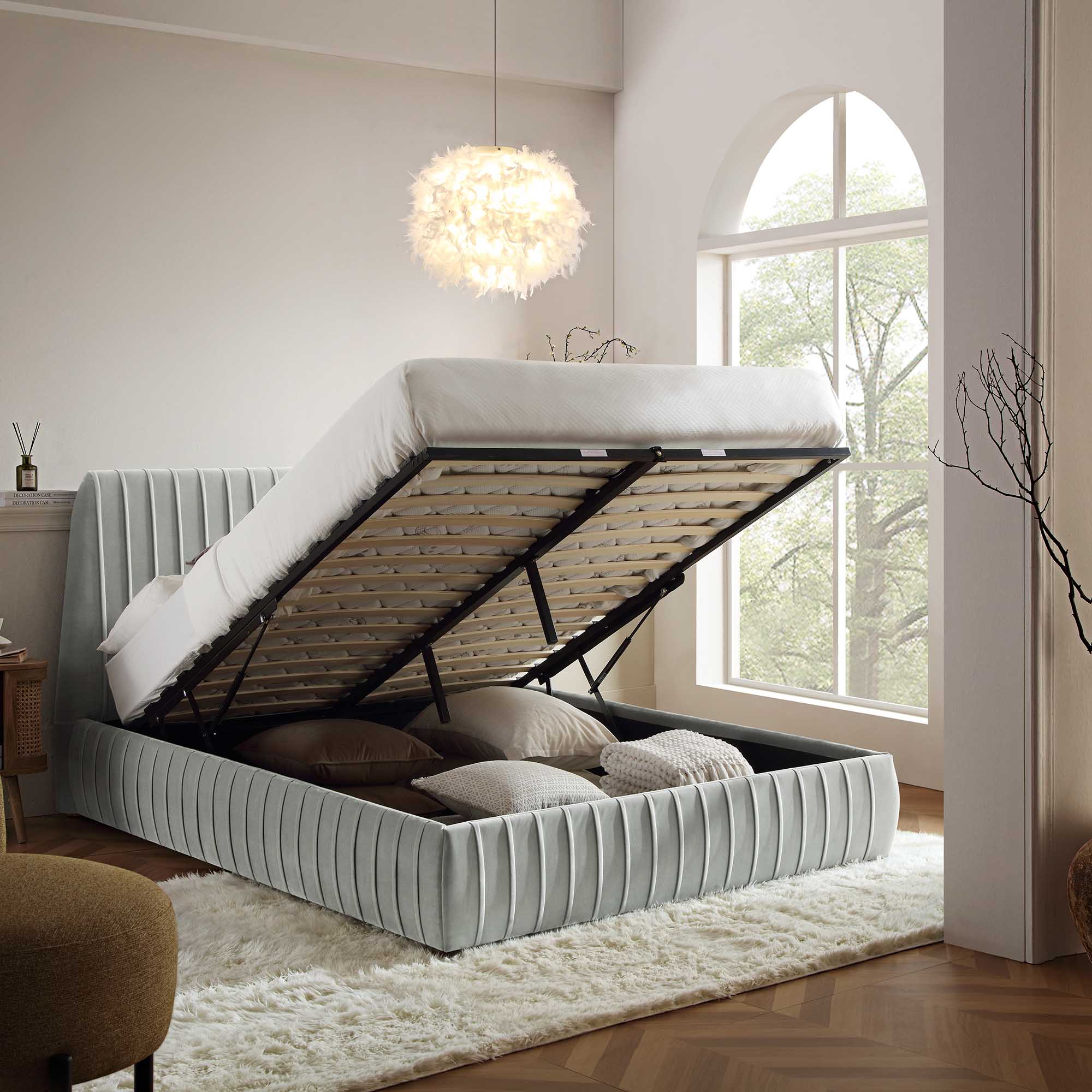 Helia Pleated Ottoman Storage Bed, Silver Grey Velvet - Image 3