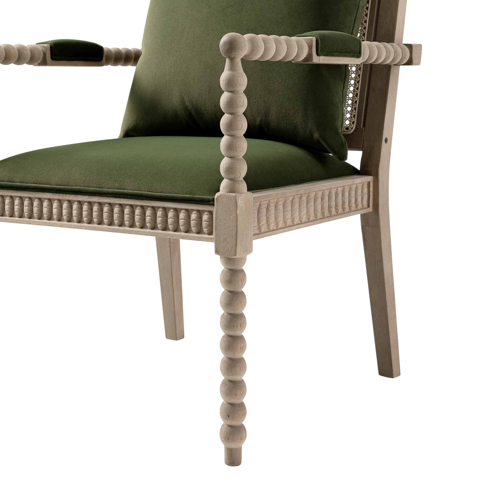 Hemingford Moss Green Velvet Bobbin Washed Oak Armchair - Image 14