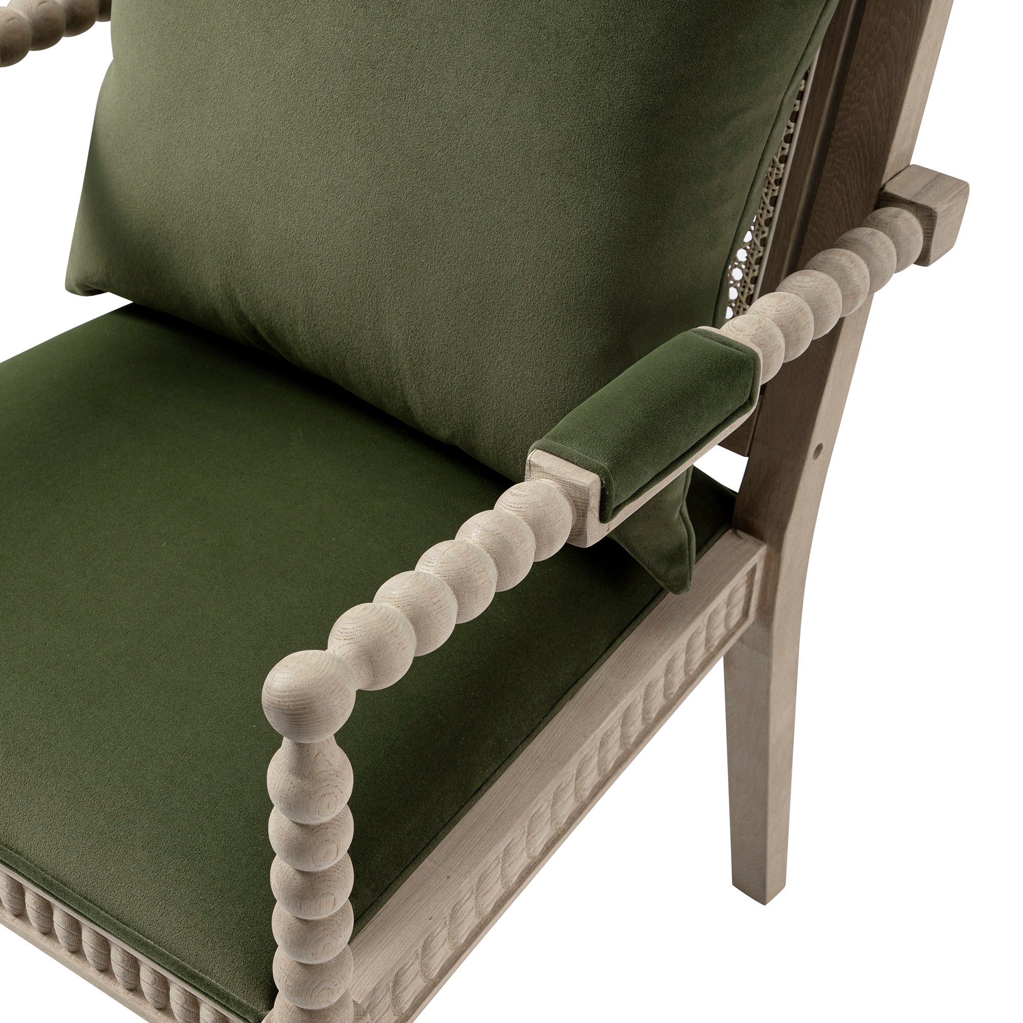 Hemingford Moss Green Velvet Bobbin Washed Oak Armchair - Image 15