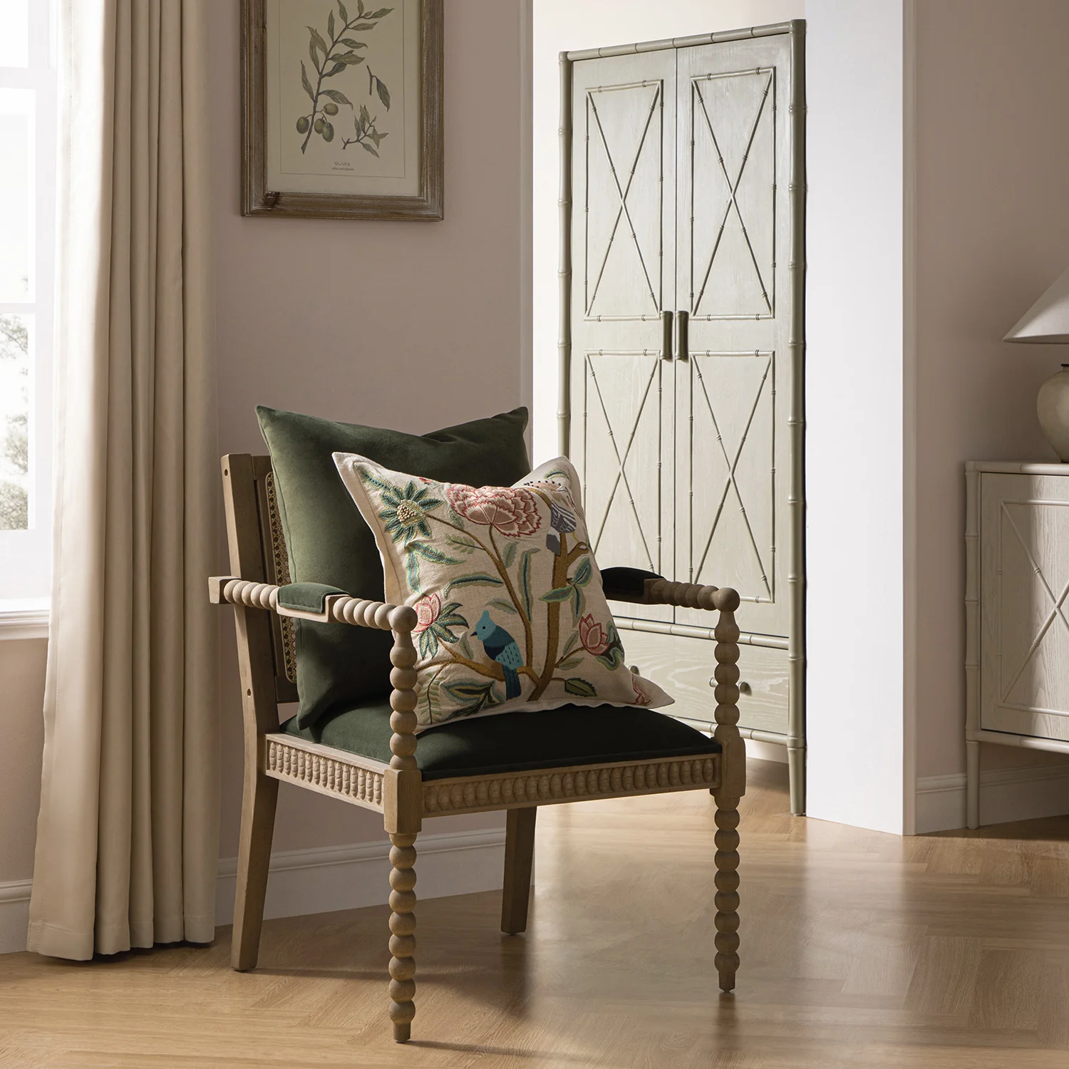 Hemingford Moss Green Velvet Bobbin Washed Oak Armchair - Image 2