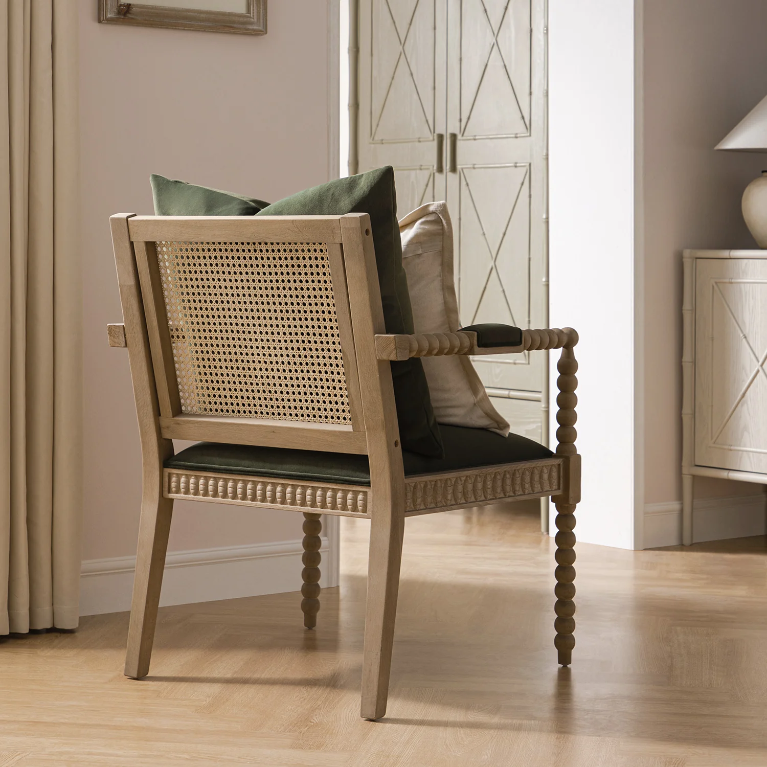 Hemingford Moss Green Velvet Bobbin Washed Oak Armchair - Image 4