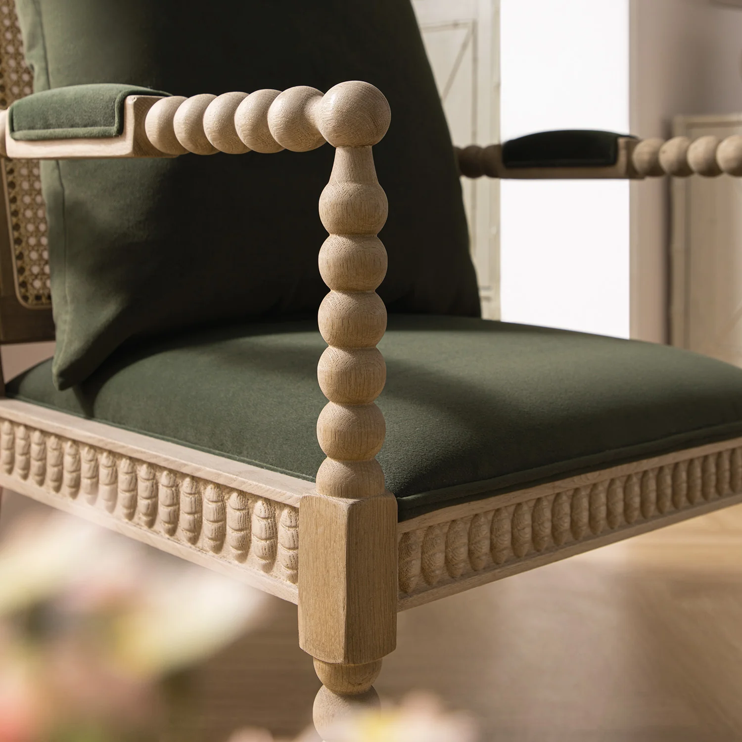 Hemingford Moss Green Velvet Bobbin Washed Oak Armchair - Image 5