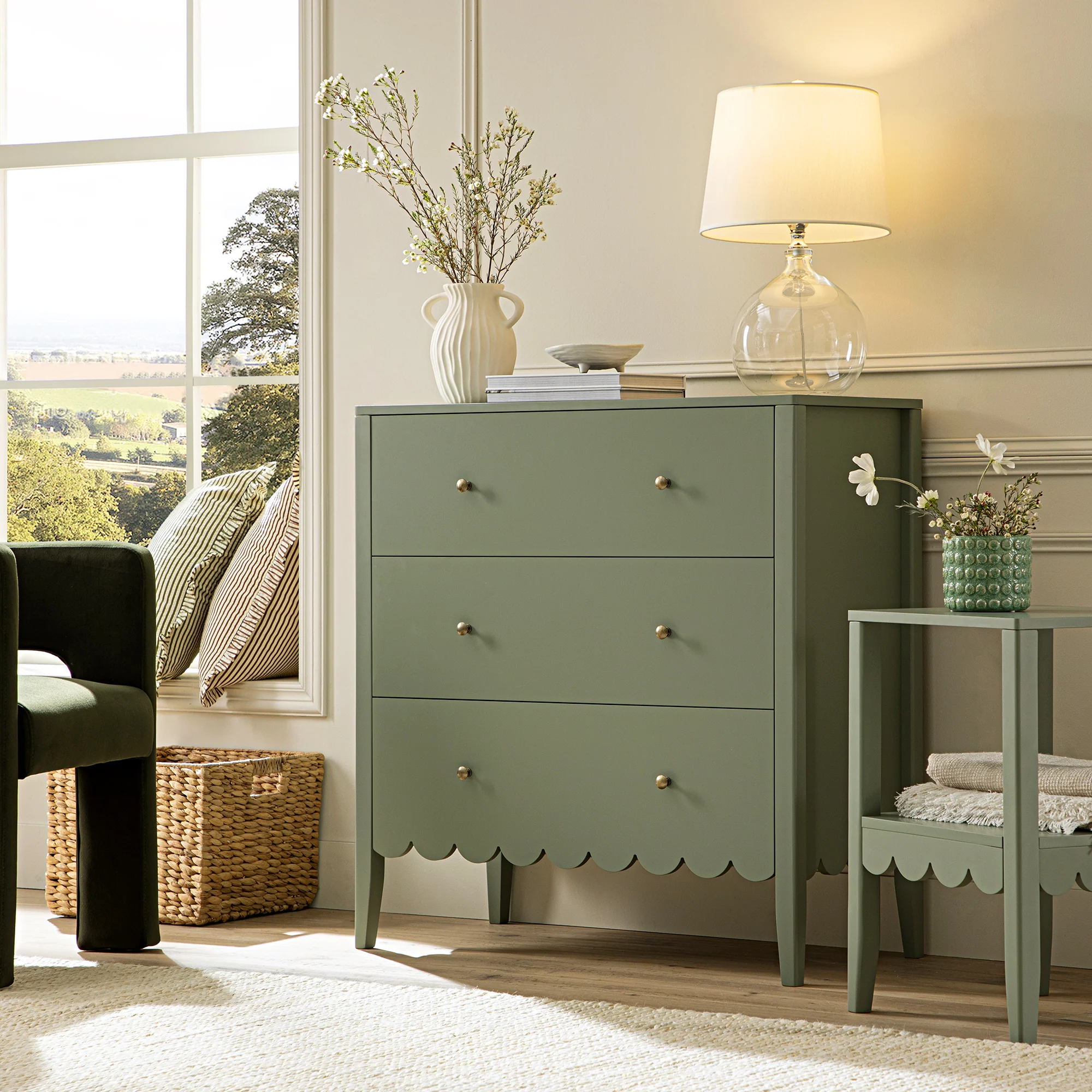 Henley Scalloped Edge 3 Drawer Chest, Sage Green - Image 2